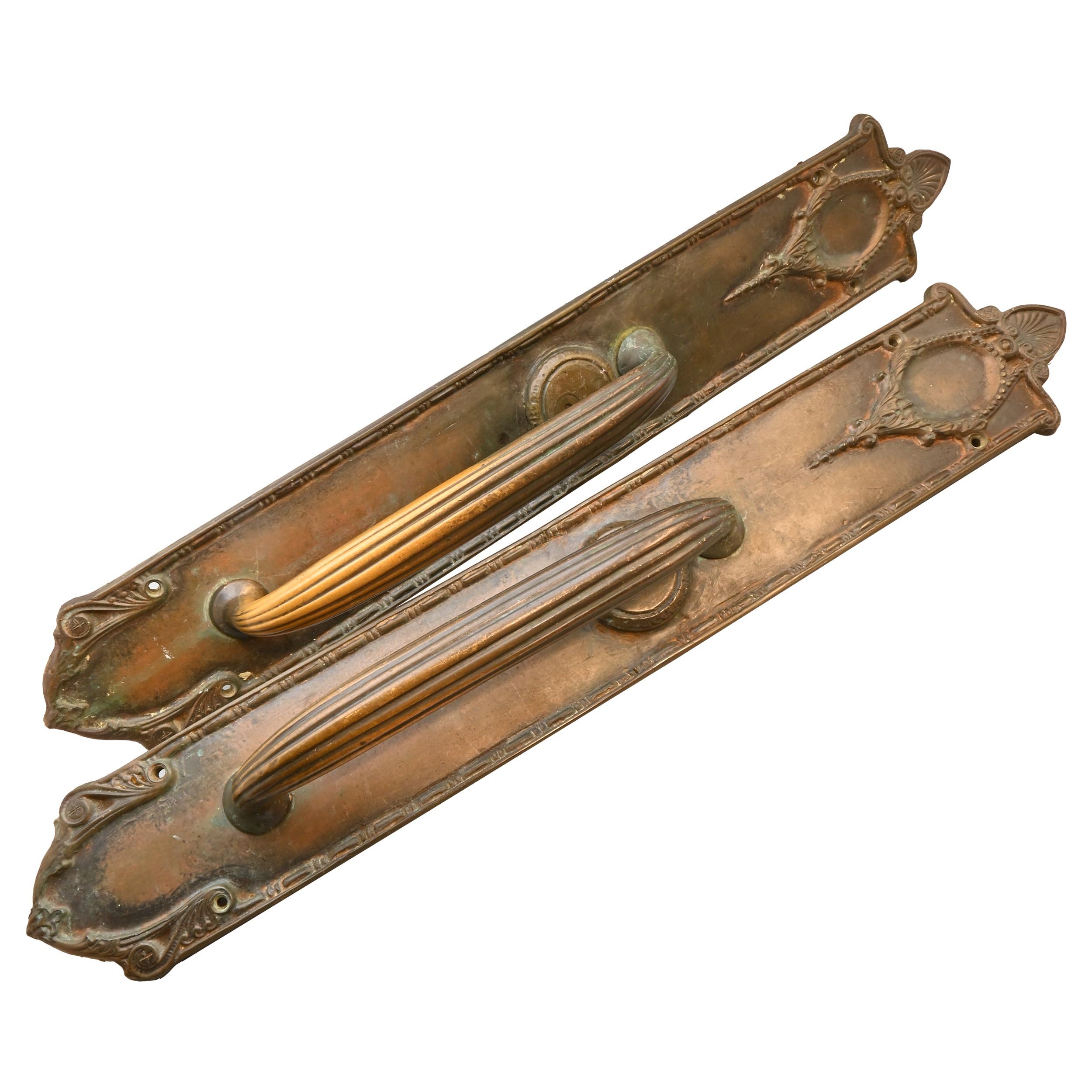 cast bronze pull pair on oversized plate with garland cartouche & cresting
