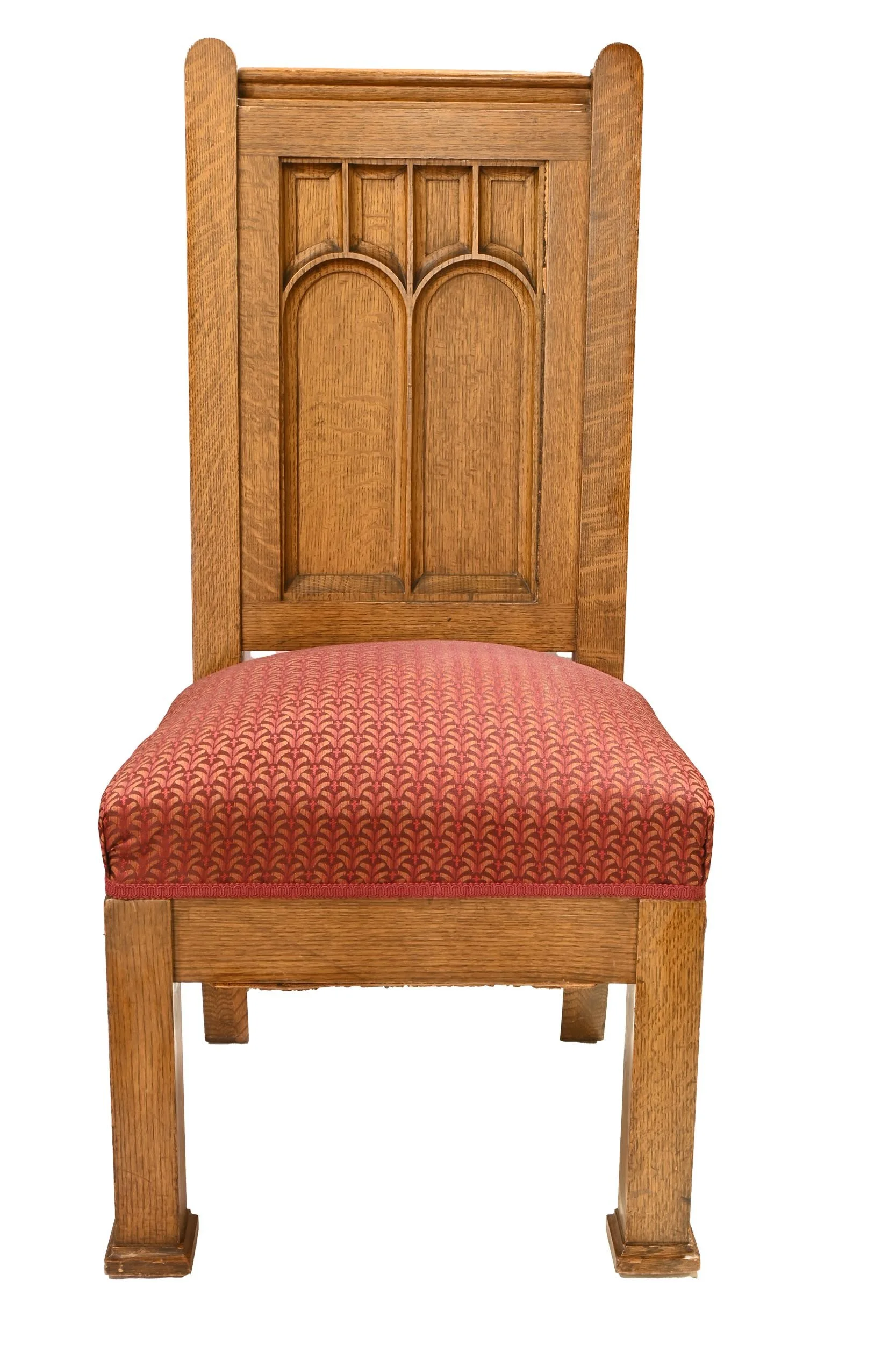 tiger oak high back gothic arch inlaid side chair pair
