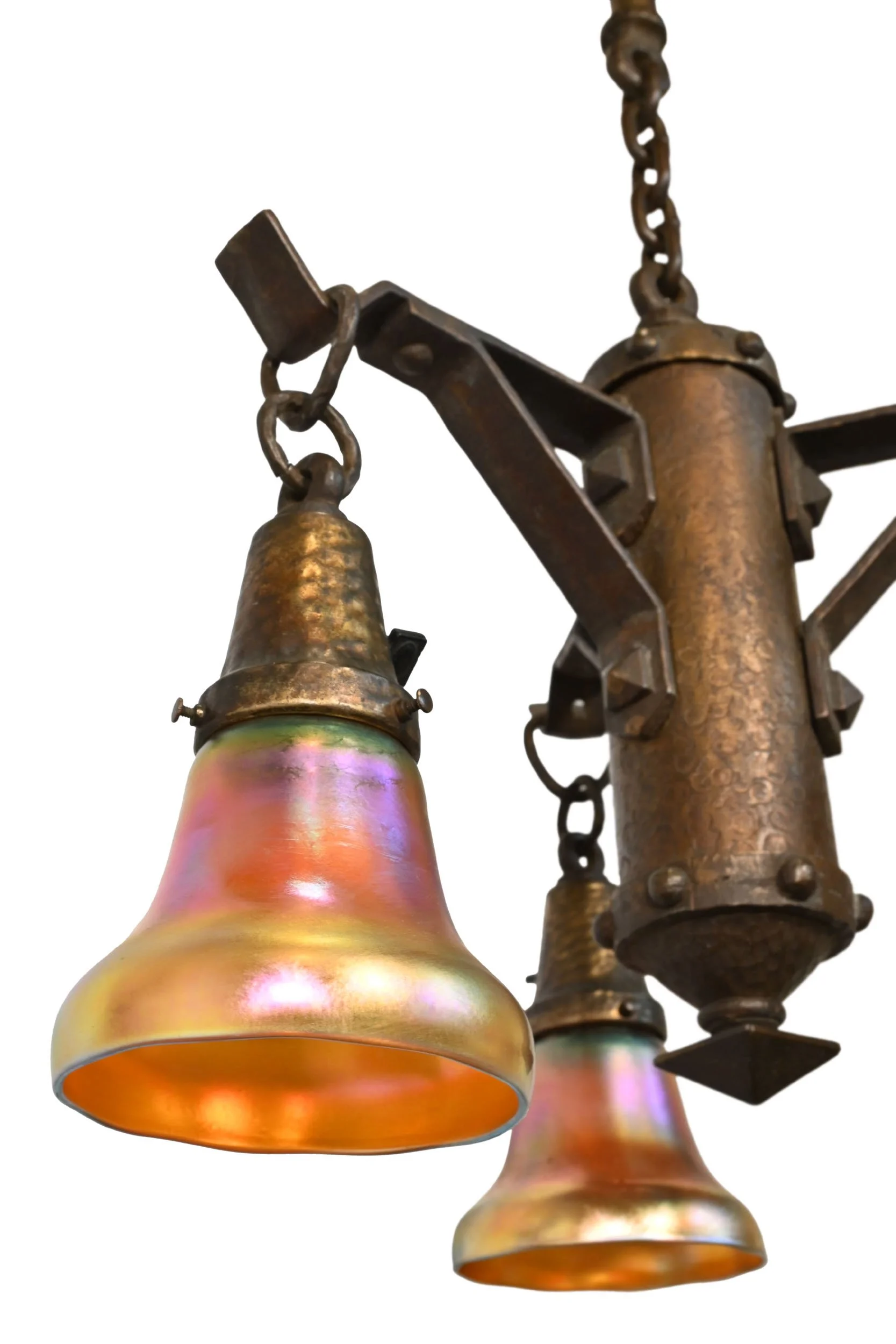 27032 hammered iron arts and crafts 3 light chandelier with steuben aurene shades 3.jpg