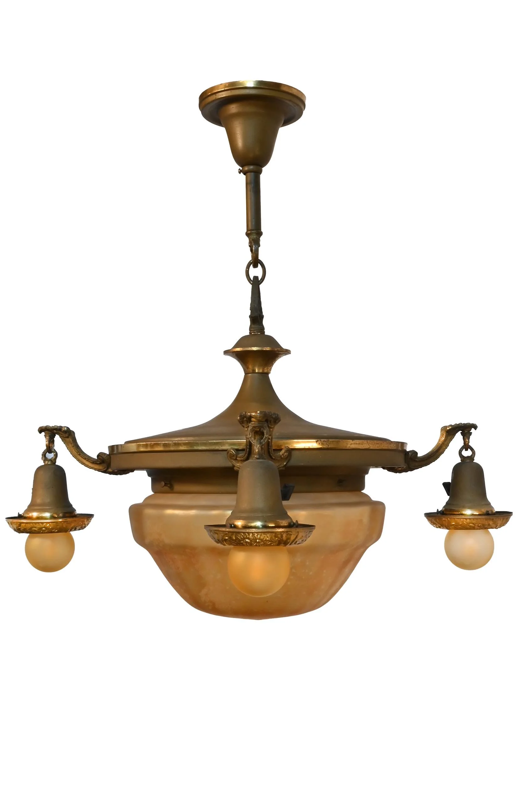 amber iridized center shade chandelier with 4 bare satellites in two tone brass finish