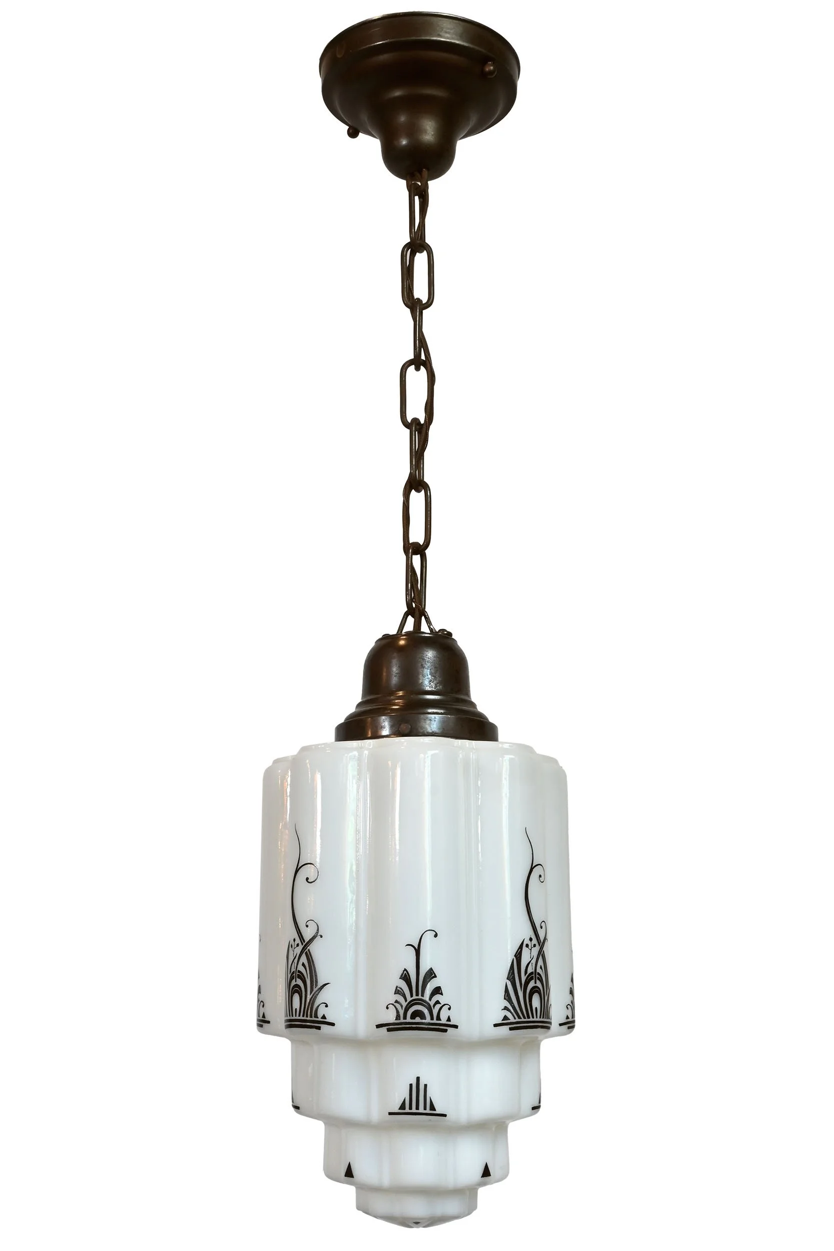 small stenciled deco skyscraper shade on brass pendant