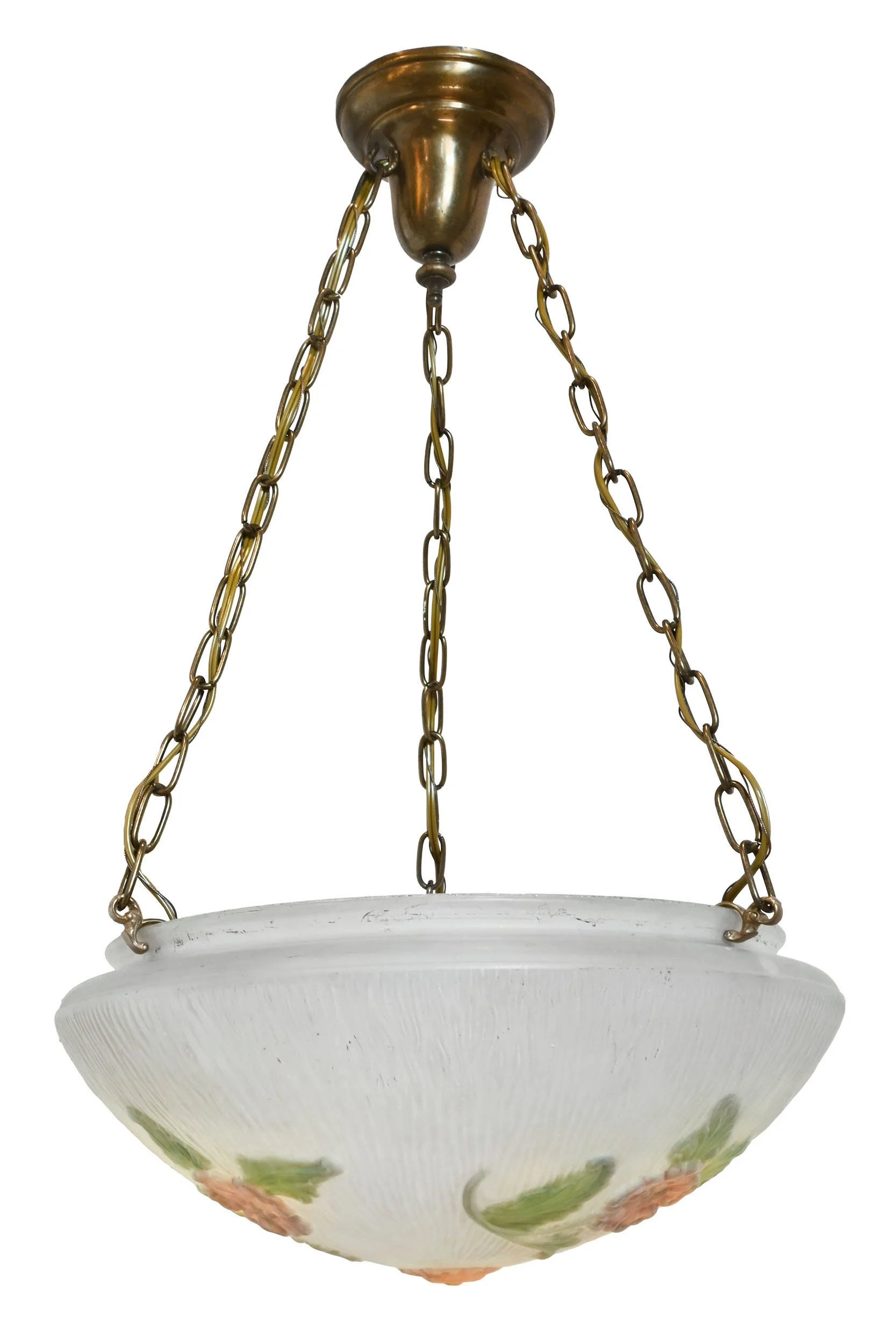 27020 cast frosted glass red flower bowl on brass three chain fixture 1.jpg
