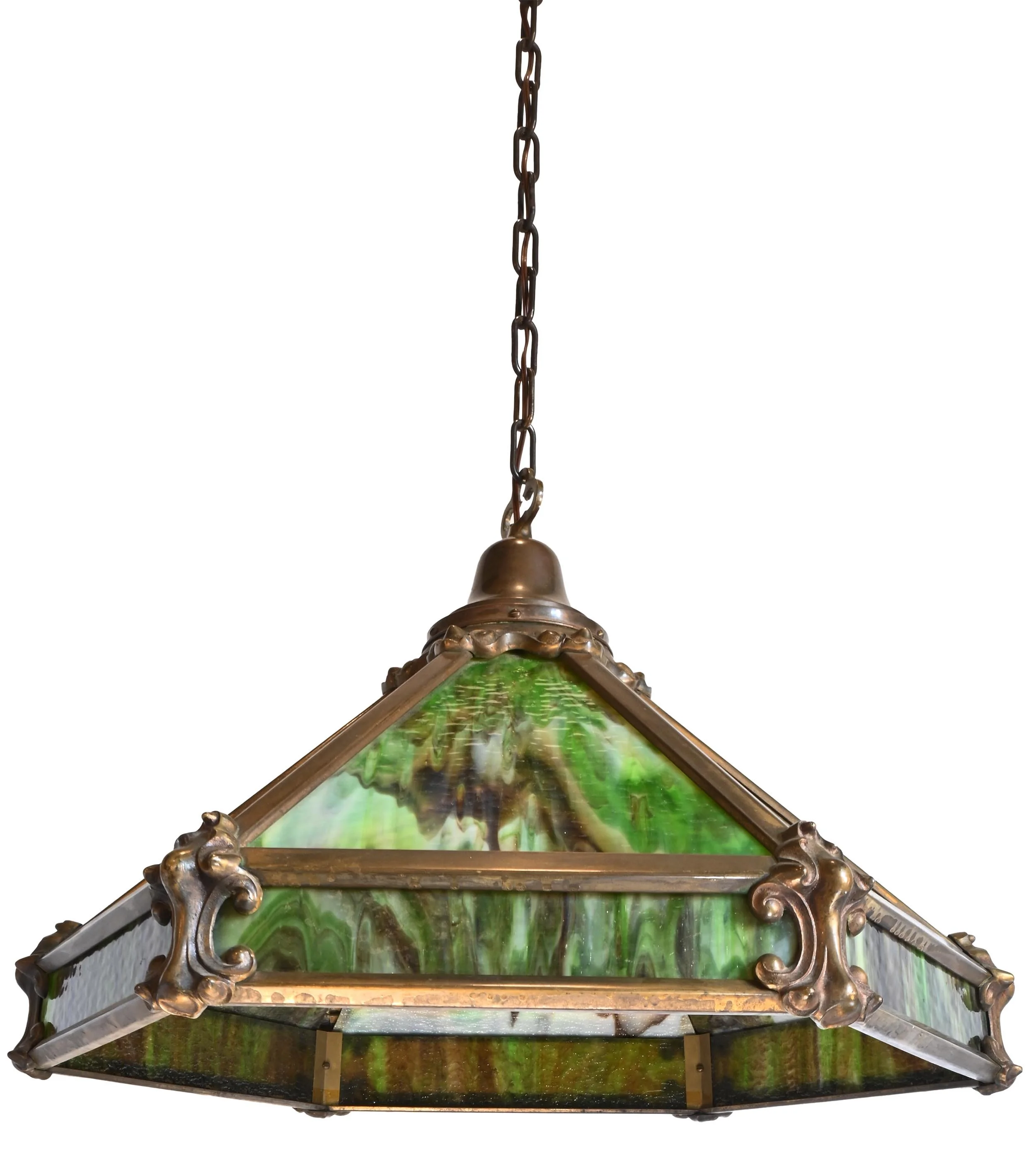 27466 green slag glass brass art nouveau fixture 4.jpg