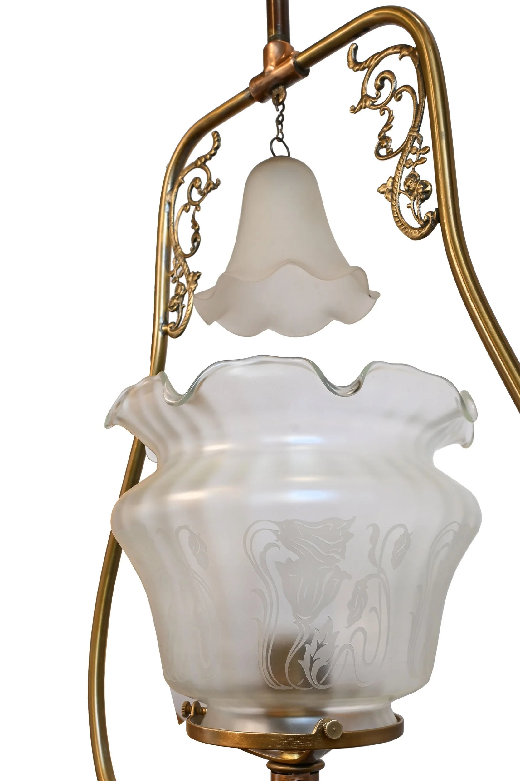 27218 brass electric converted harp pendant with frosted floral shade 3.jpg