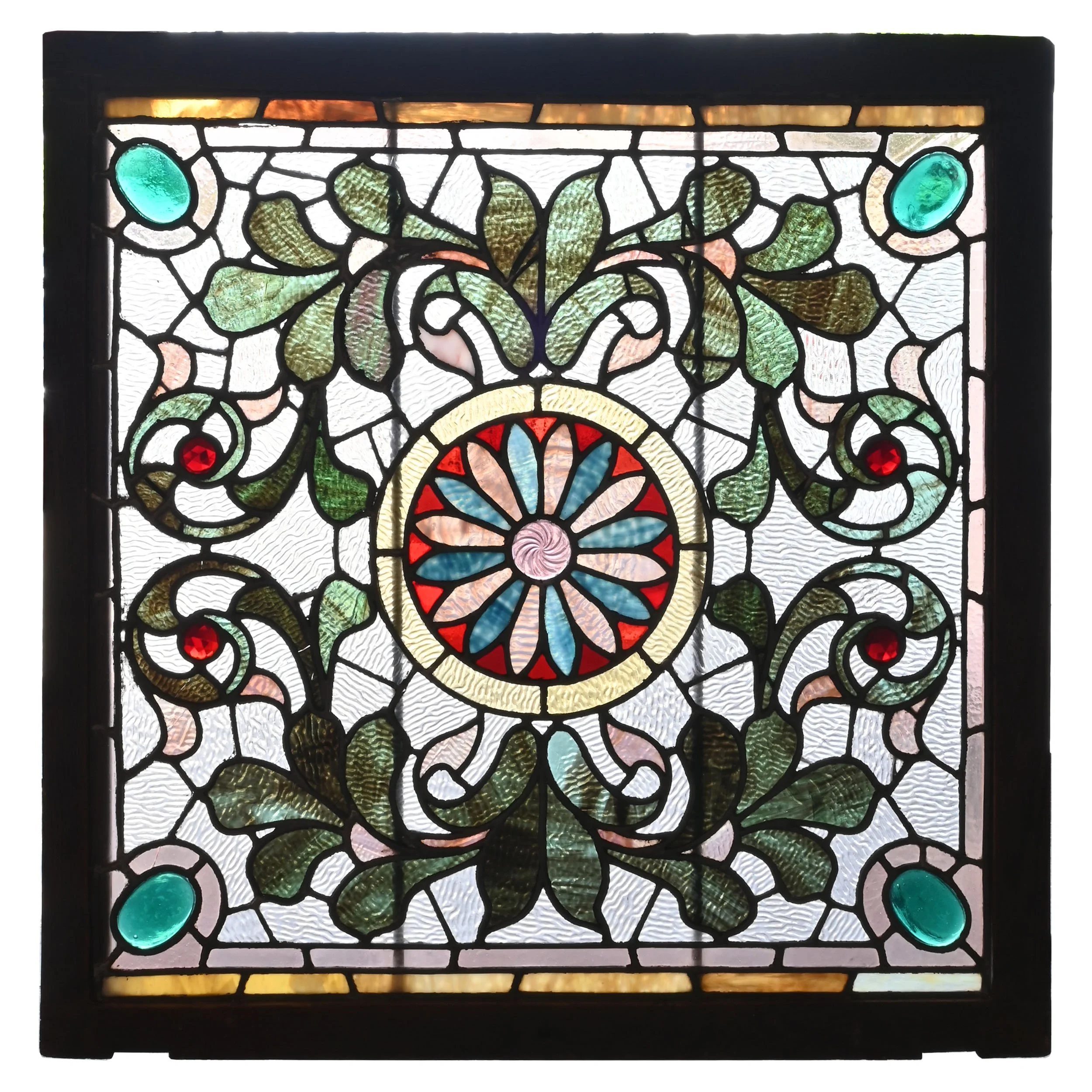 27797 intricate square leaded window with green slag leaves and blue and purple flower 3.jpg