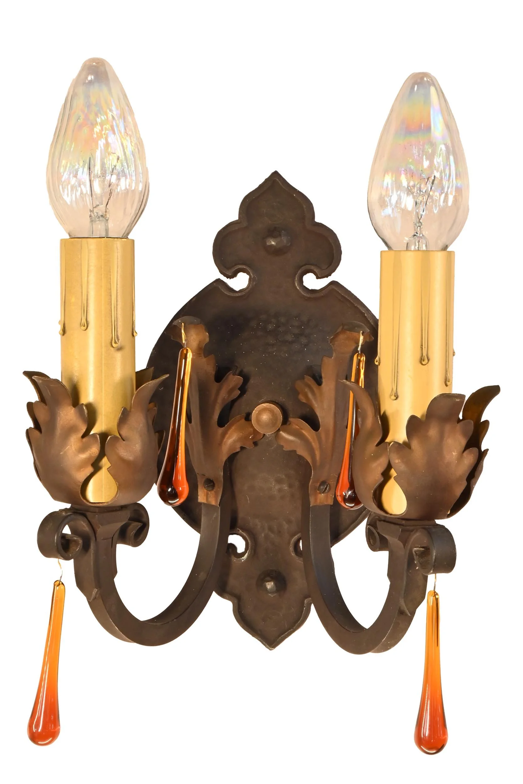 25971 tudor  cast iron 2 candle sconce with amber teardrop crystal 1.jpg