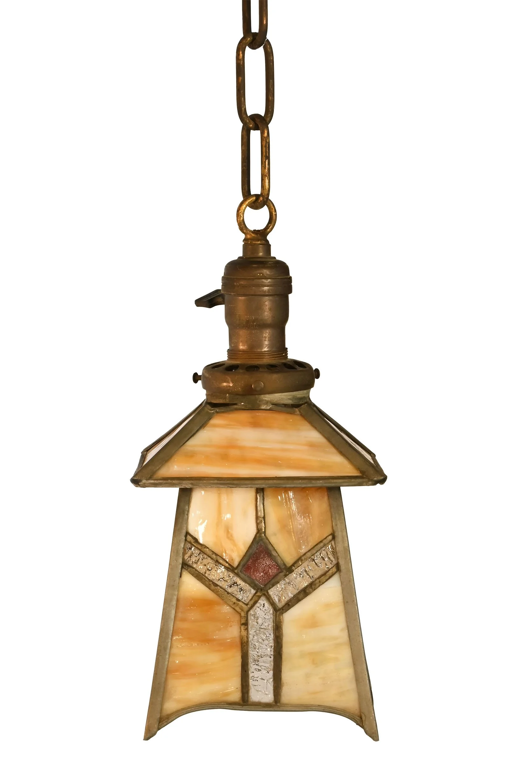 27971 arts and crafts caramel slag glass pendant with red detail 1.jpg