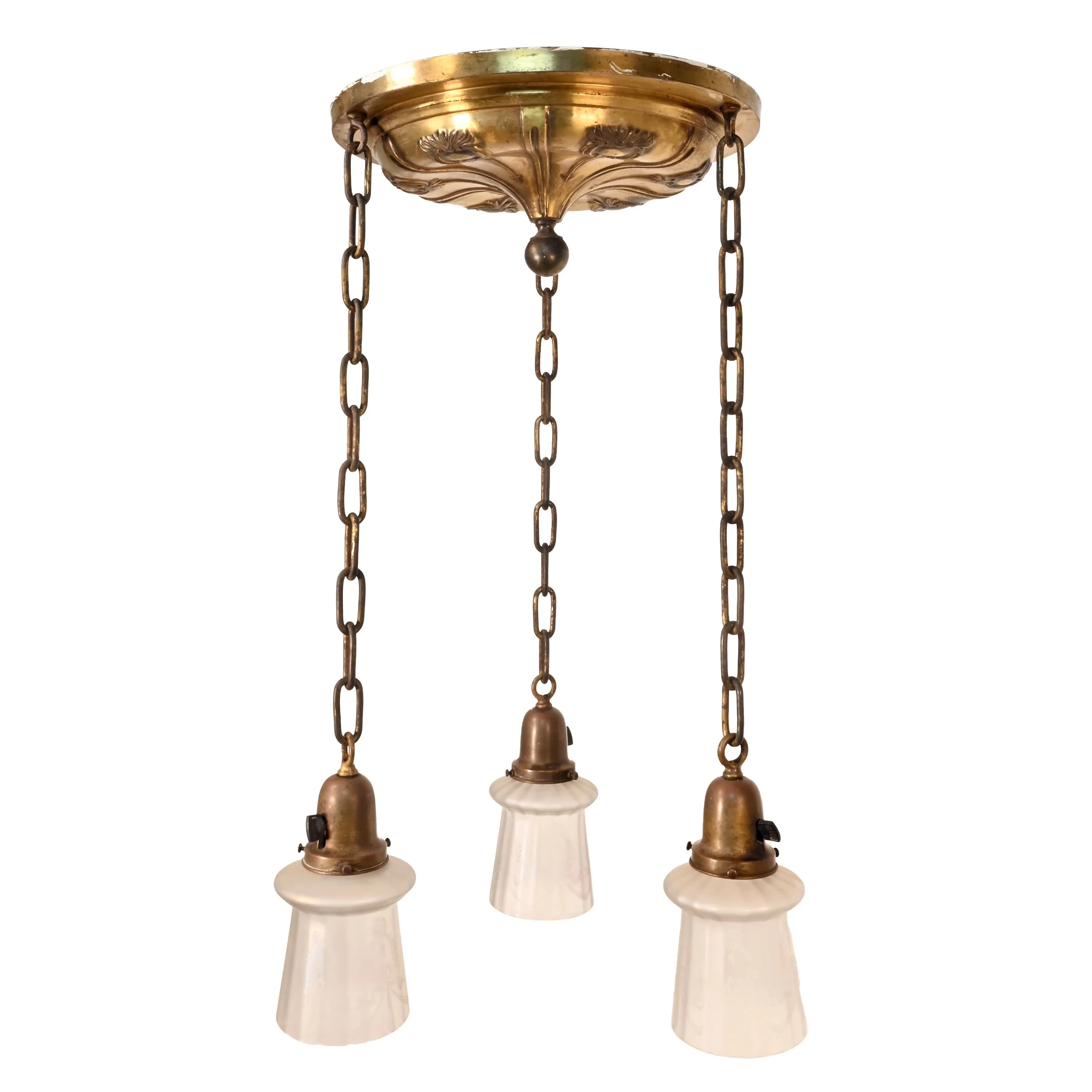 three light brass beaux arts flush pan fixture with iridescent etched shades