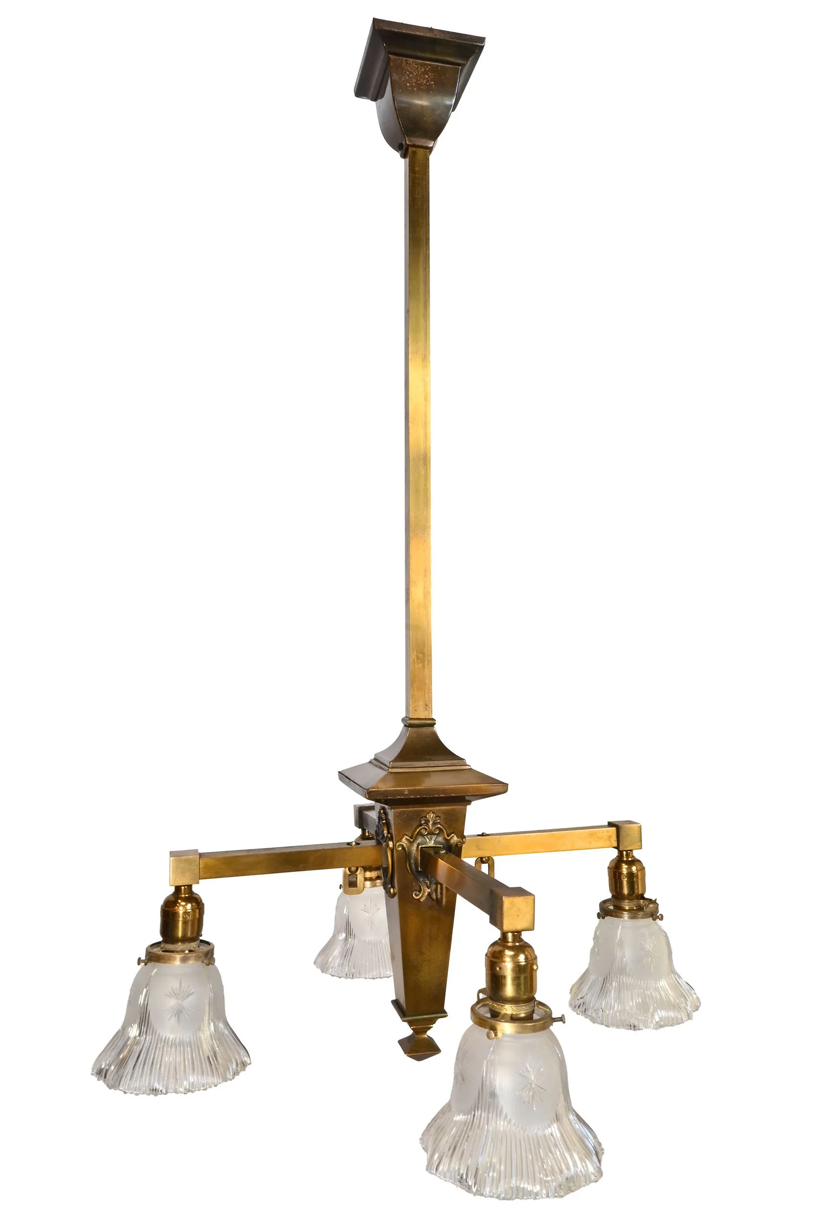 27114 brass mission four arm chandelier with holophane shades 2.jpg