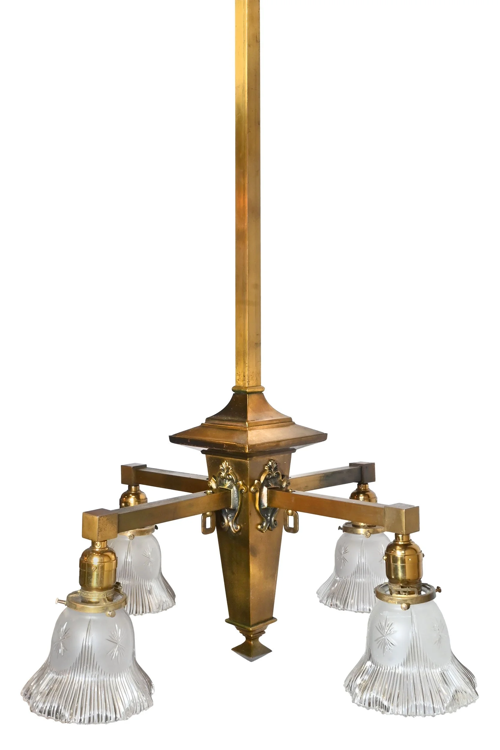 27114 brass mission four arm chandelier with holophane shades 1.jpg