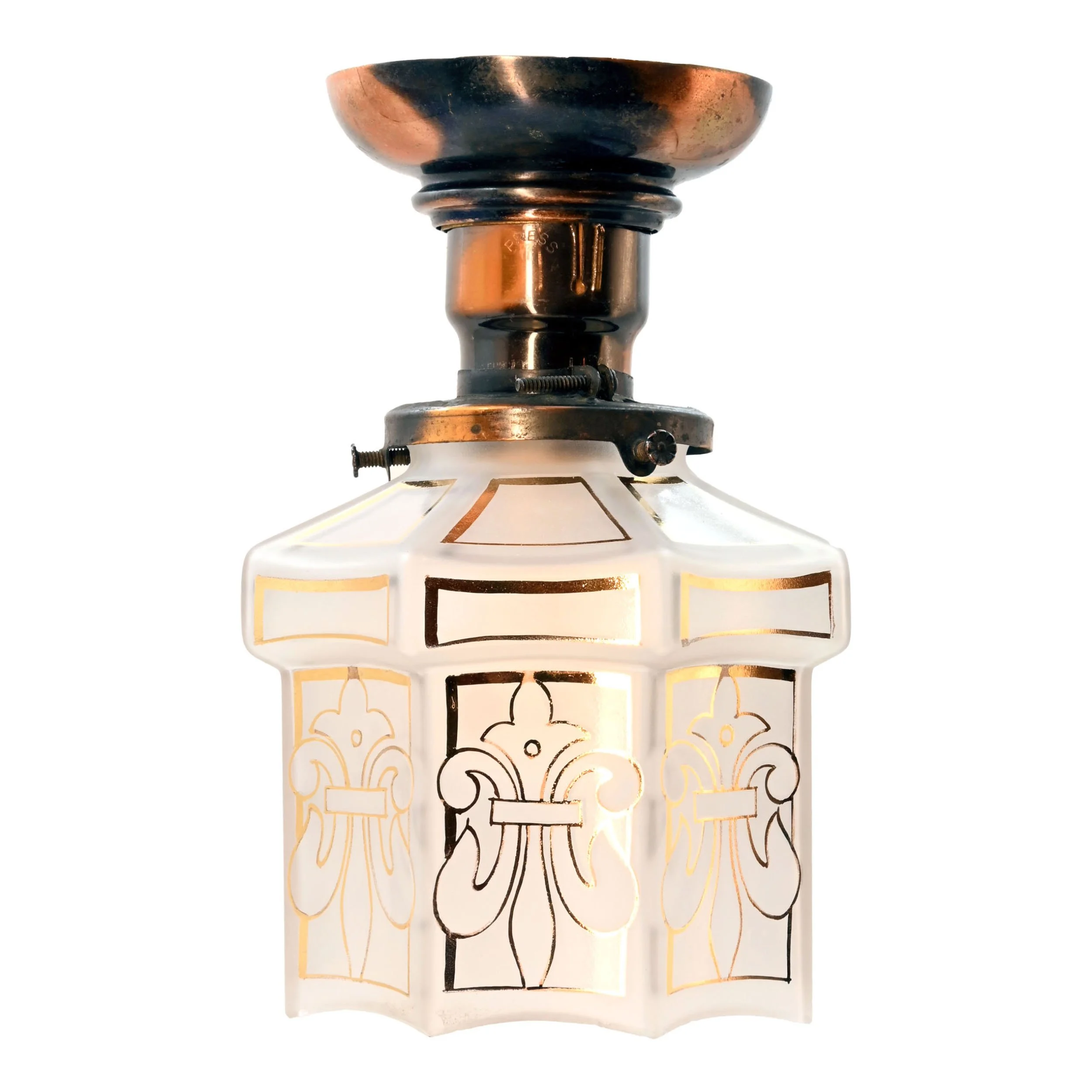 gilt and satin box beam fixture with fleur de lis shade