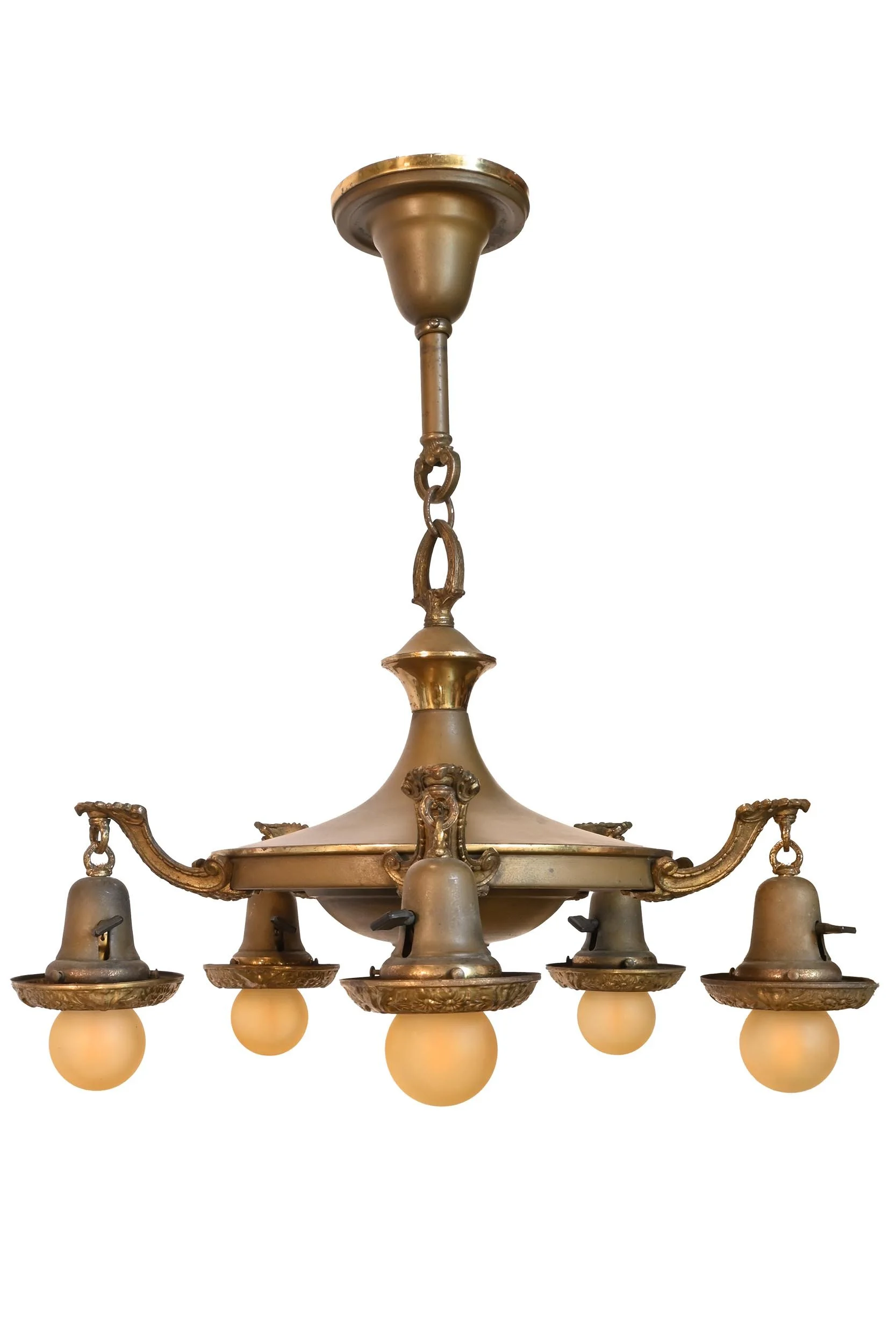 two tone brass bare 5 light pan drop chandelier