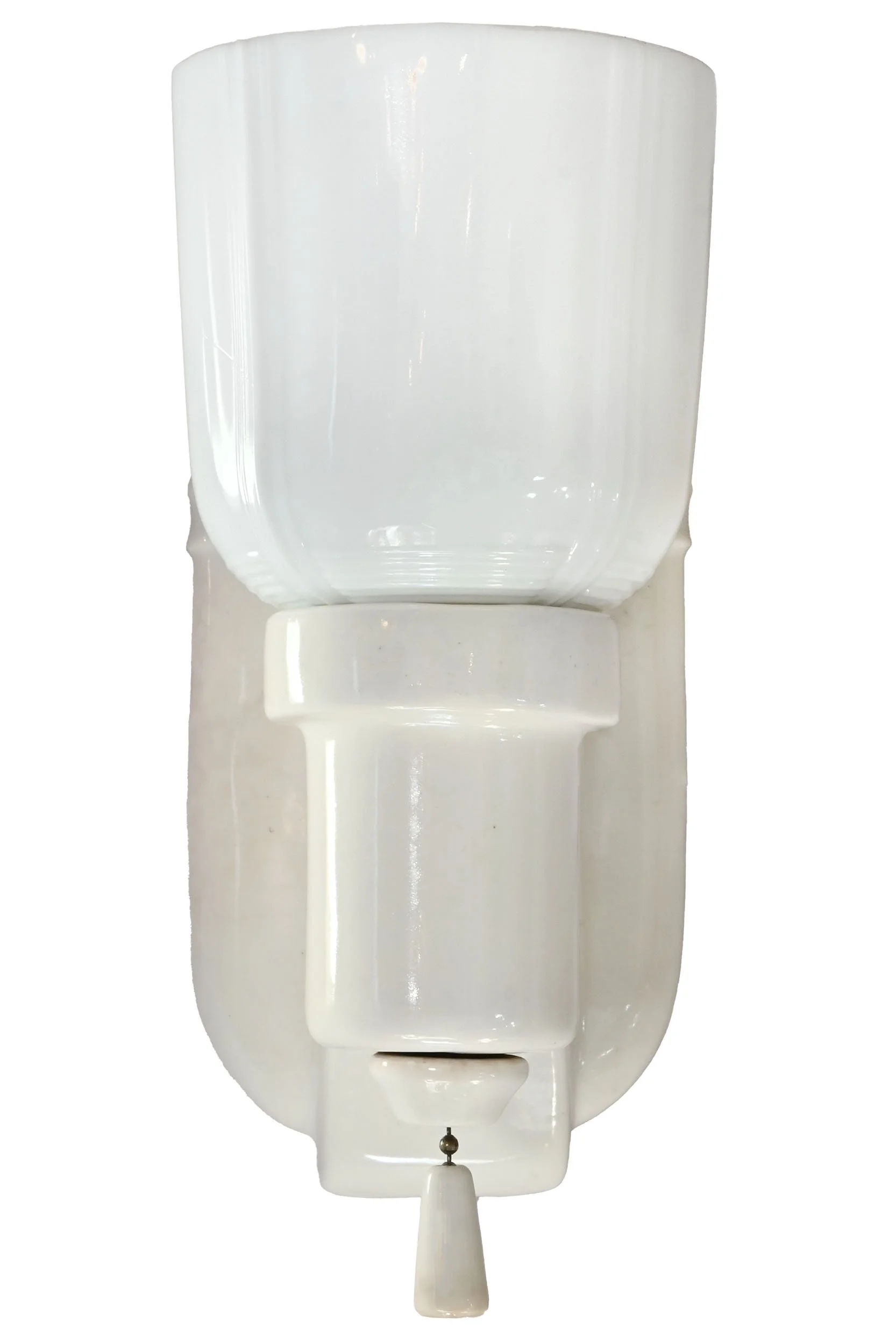 27928 pair of white porcelain deco sconces with milk glass shades.jpg