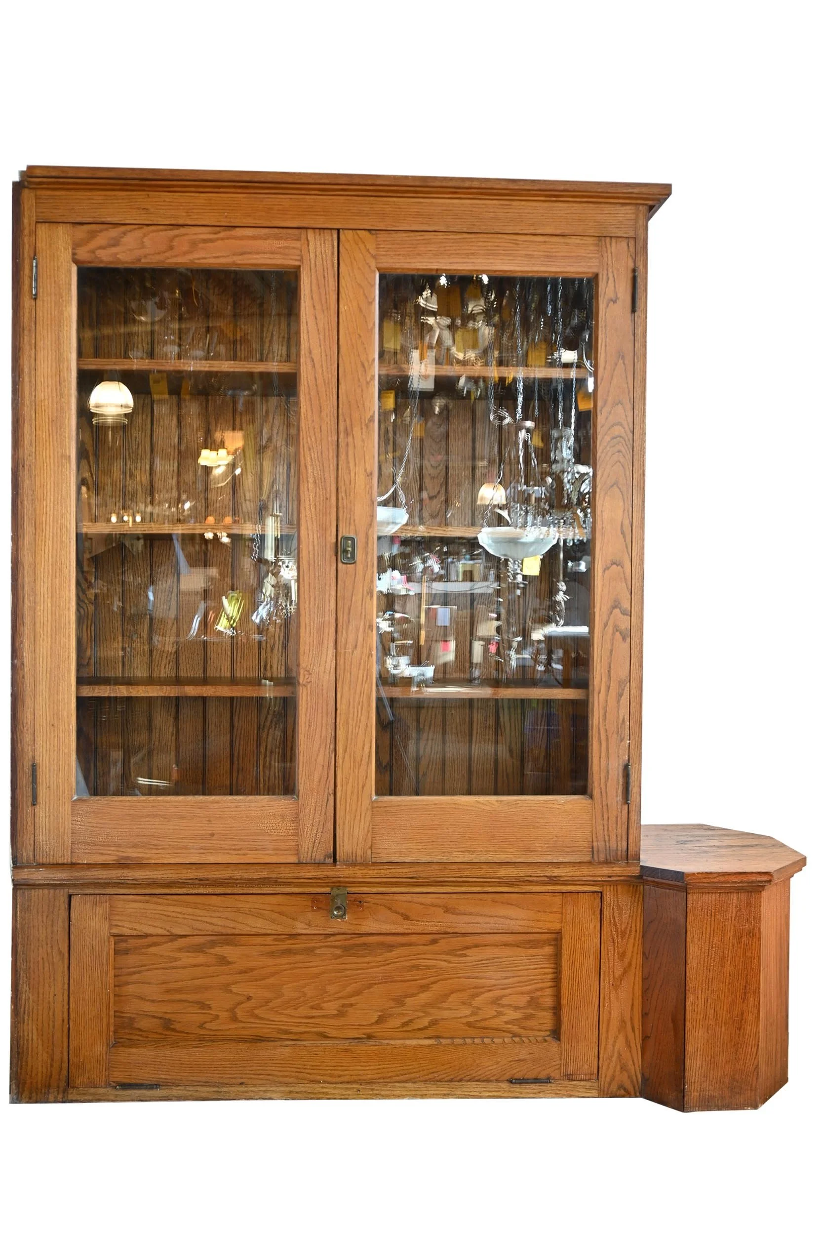 oak double glass door built-in bookcase with heptagon pedestal
