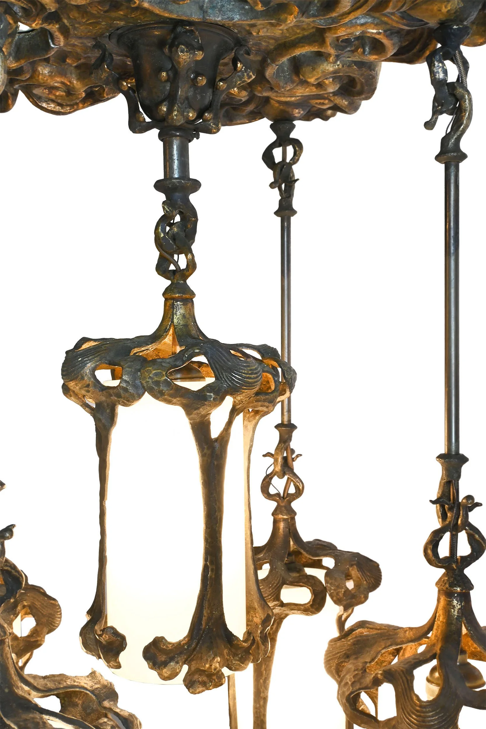 27147 hammered bronze art nouveau five lantern flush chandelier 6.jpg