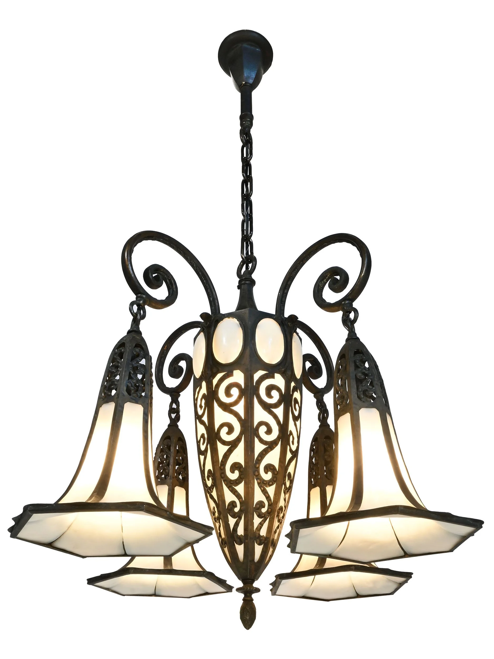 61480 swirled cut brass and trumpet shade chandelier with cabochons 3.jpg