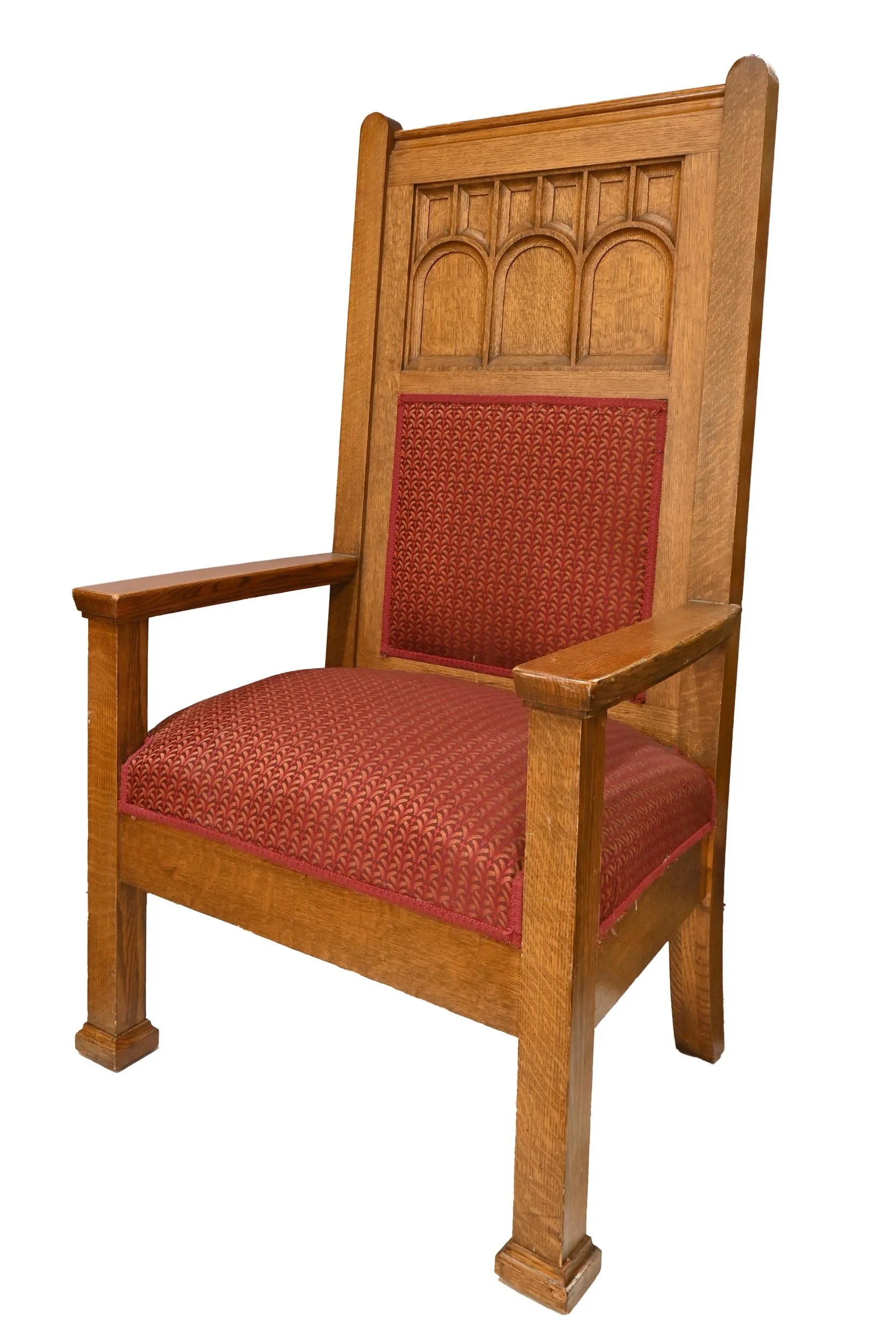 tiger oak high back gothic arch inlaid armchair pair