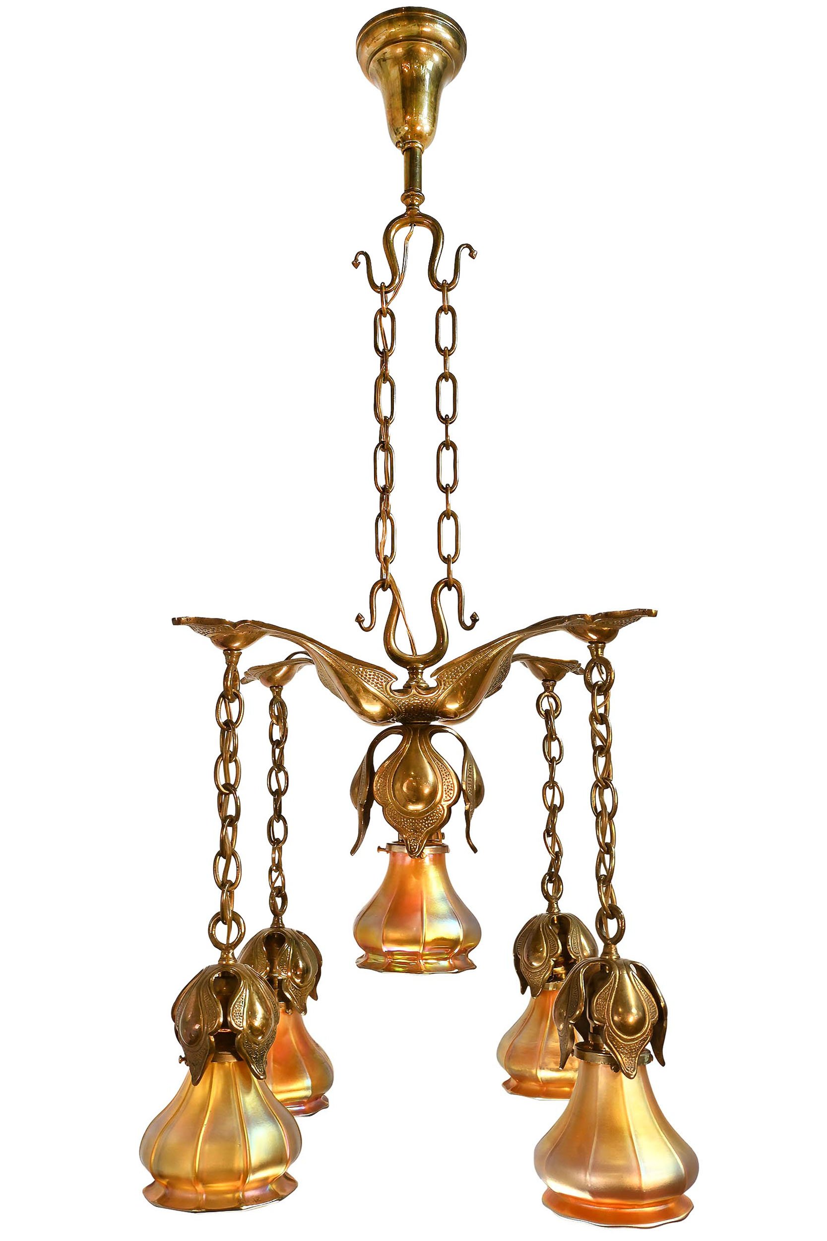 cast bronze art nouveau chandelier with quezal aurene american art glass shades