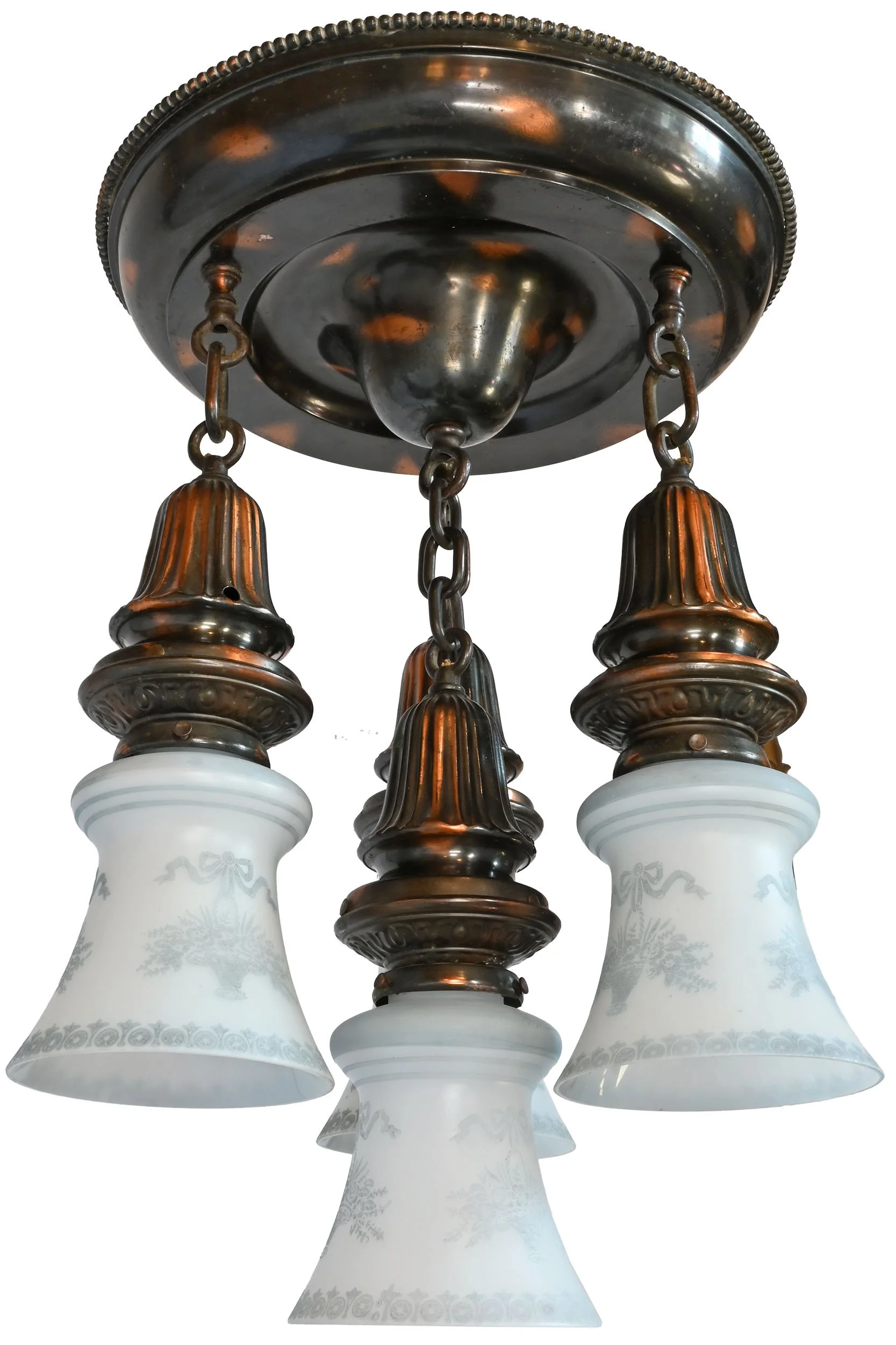 27781 gilt satin flush pan chandeleier with four blue and white etched painted flower basket shades 2.jpg