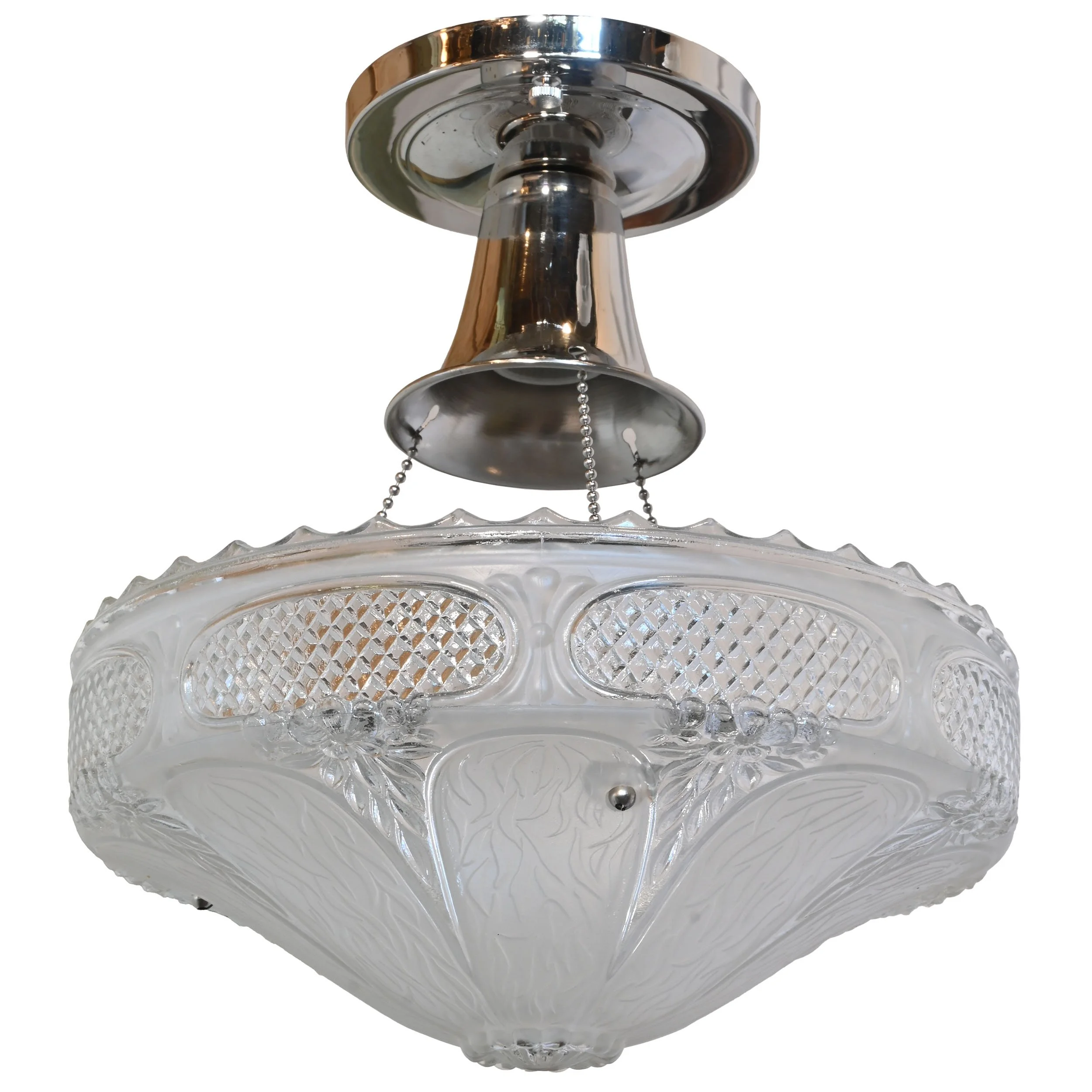 27562 cast frosted glass shade on nickel three chain fixture 2.jpg