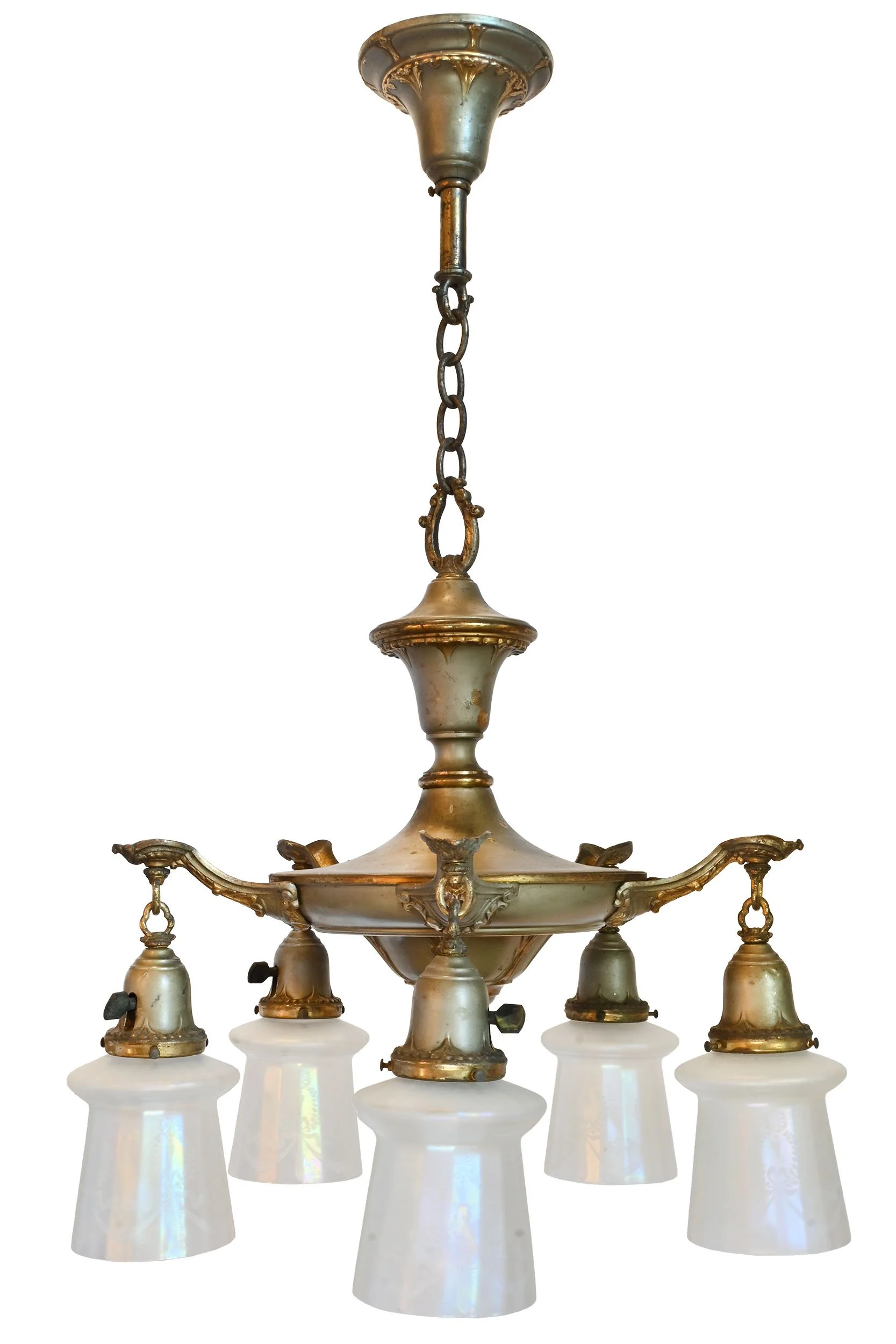 62066 two tone pewter finish five arm pan chandelier with iridized frosted shades 1.jpg