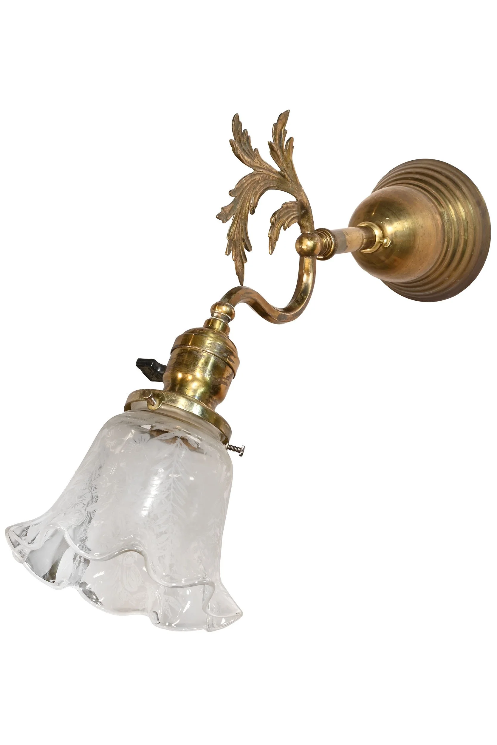 27304 brass early electric sconce pair with cast brass leaf detail and floral frosted shades 2.jpg