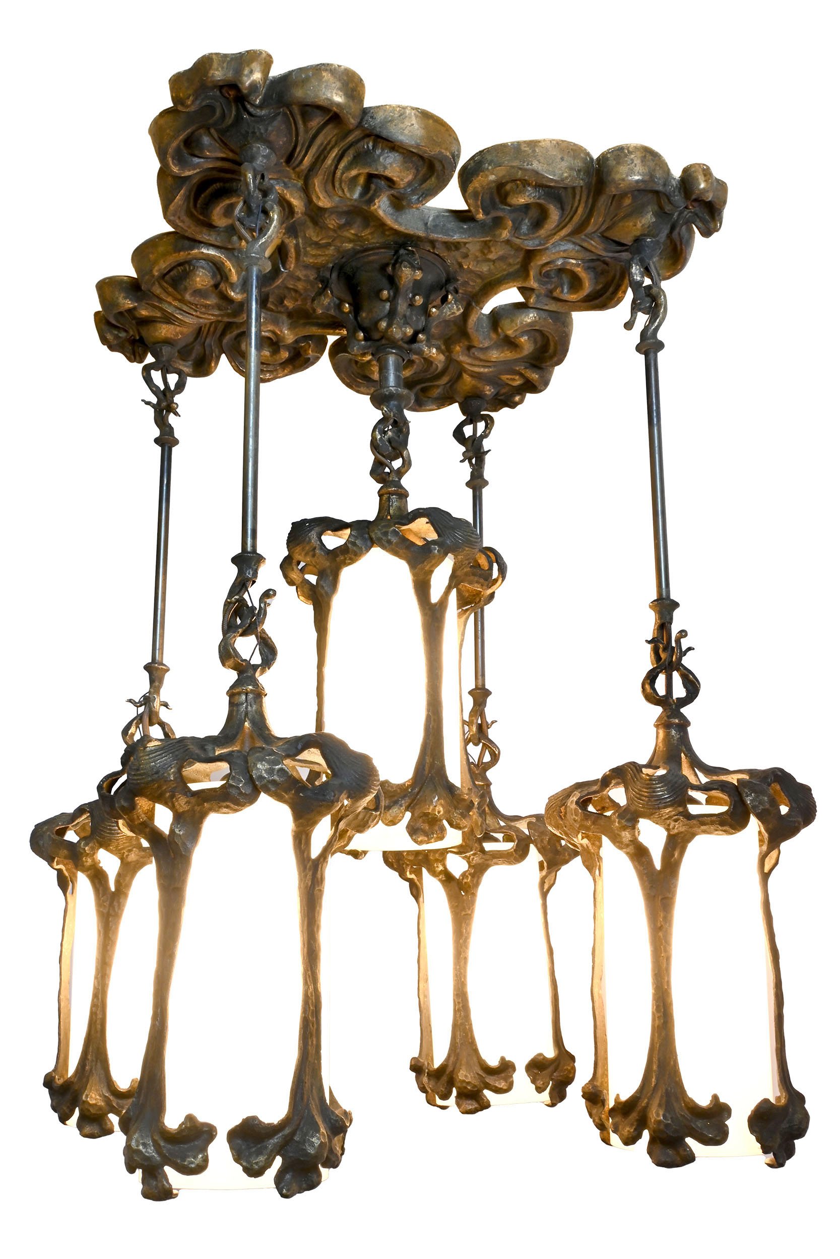 27147 hammered bronze art nouveau five lantern flush chandelier 2.jpg