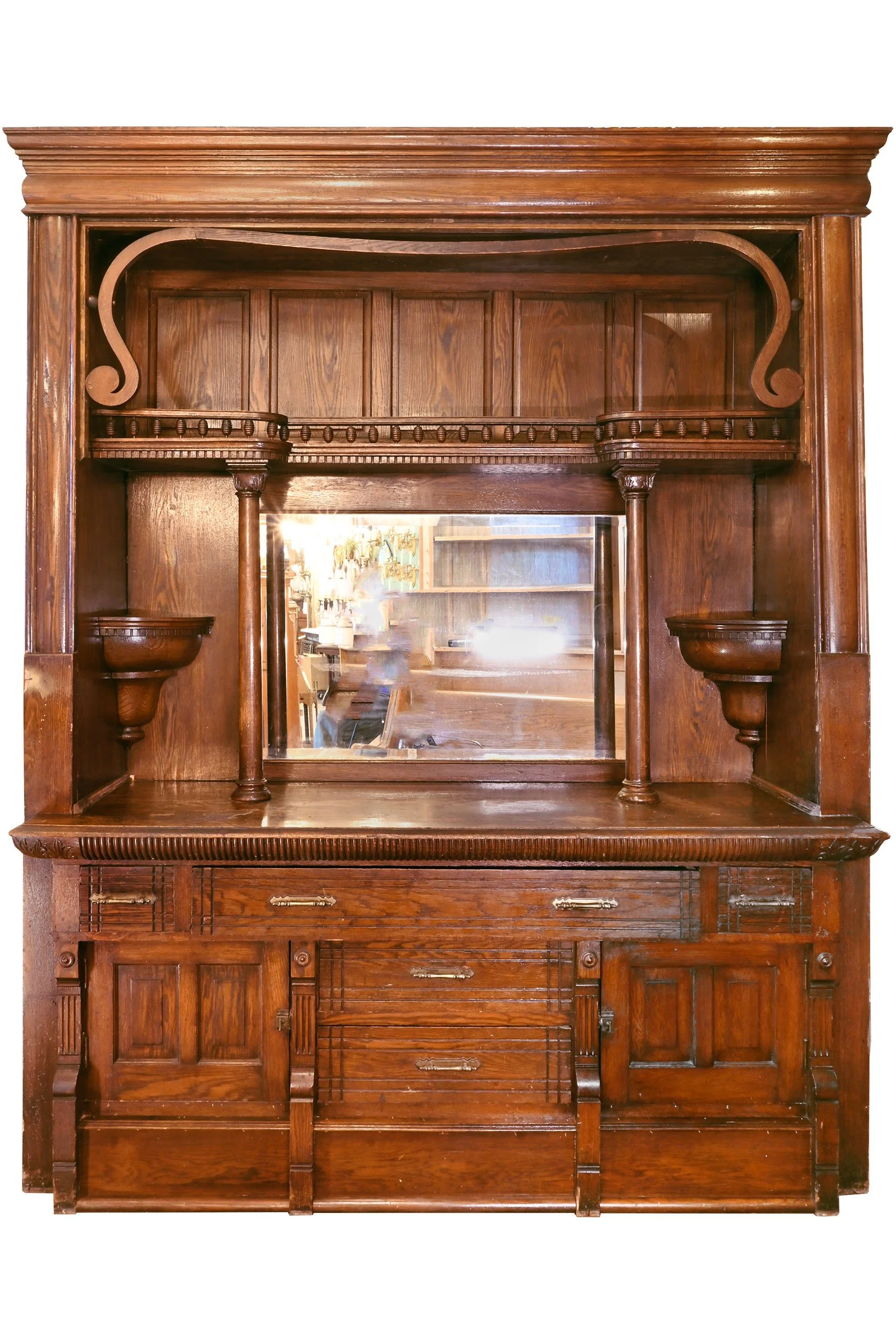 eastlake oak buffet with columns and beveled mirror