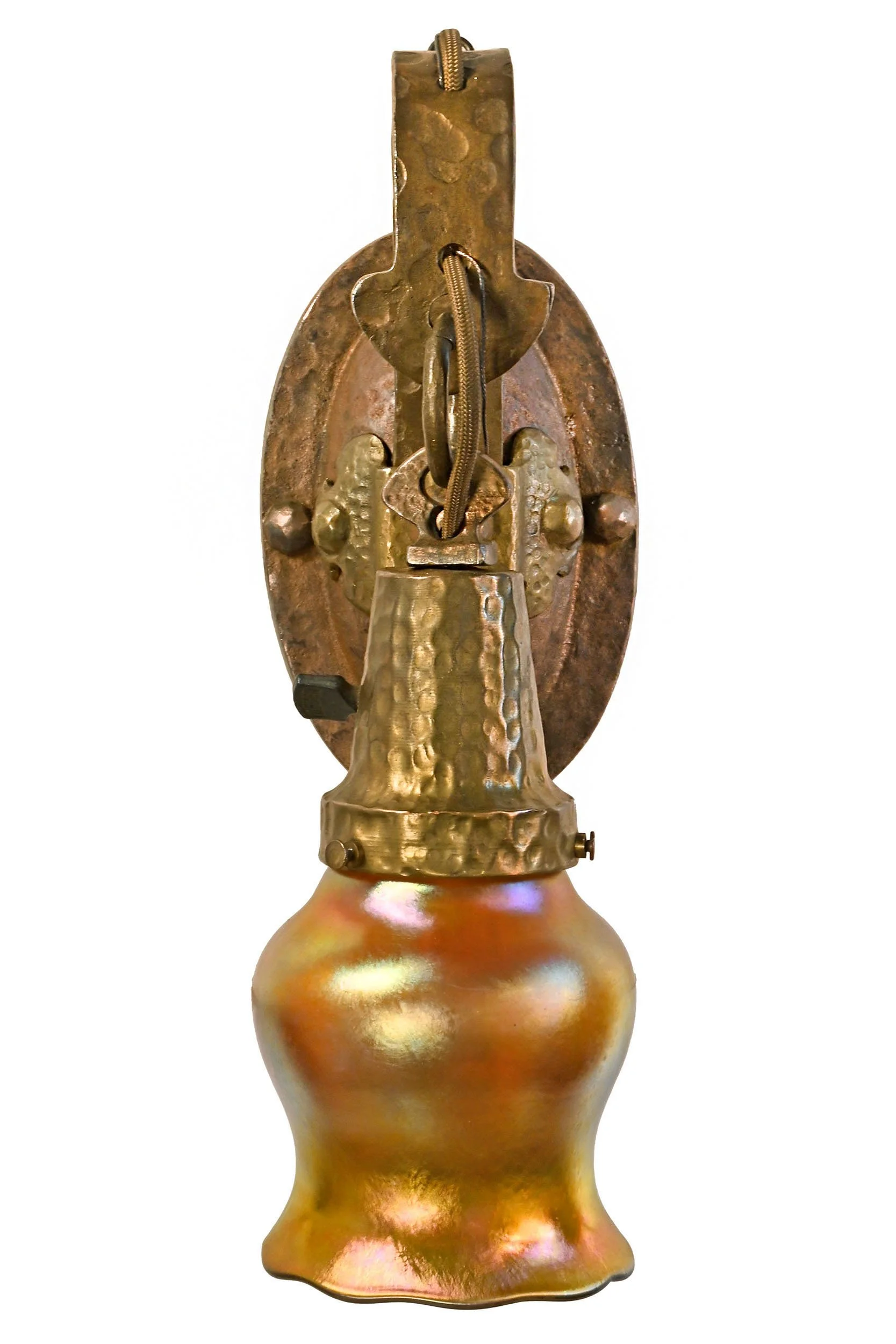 27087 hammered brass and iron sconce with aurene american art glass shade 1.jpg