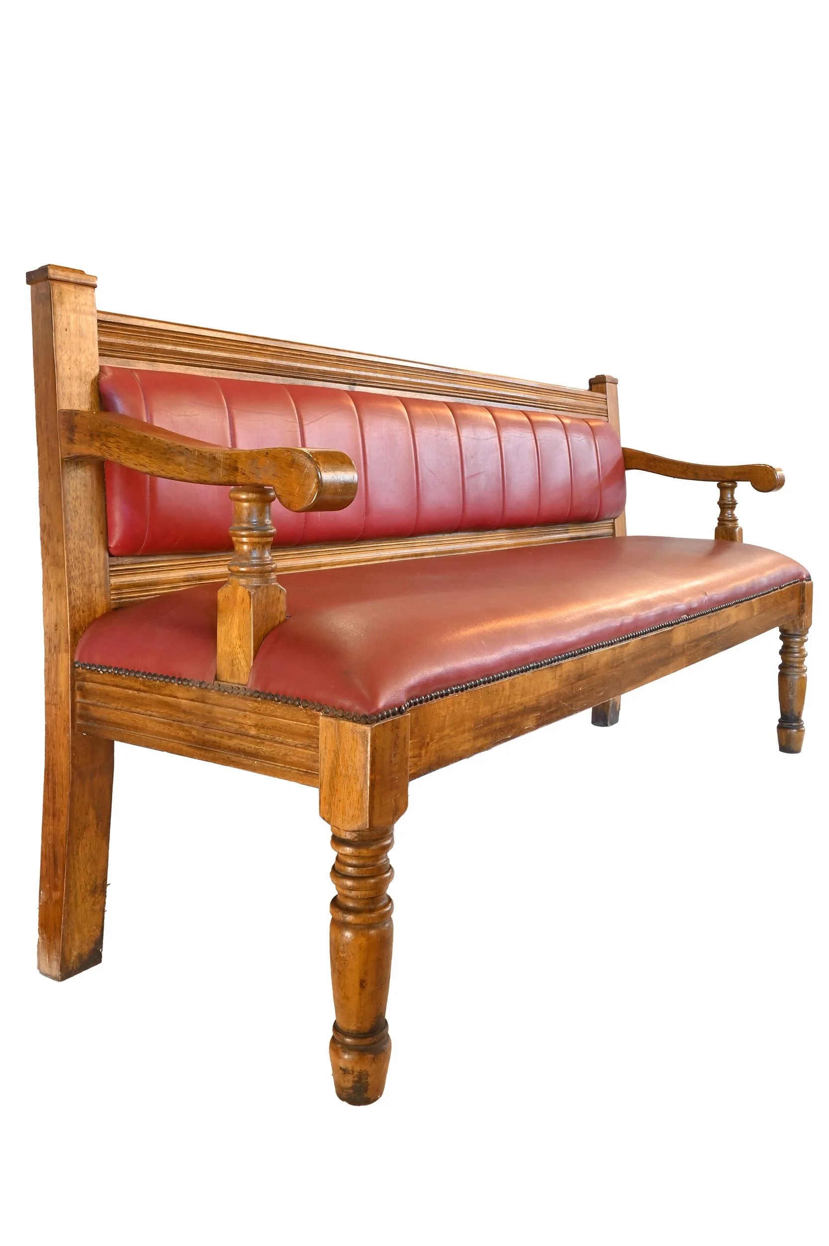 walnut red leather/vinyl armed station bench