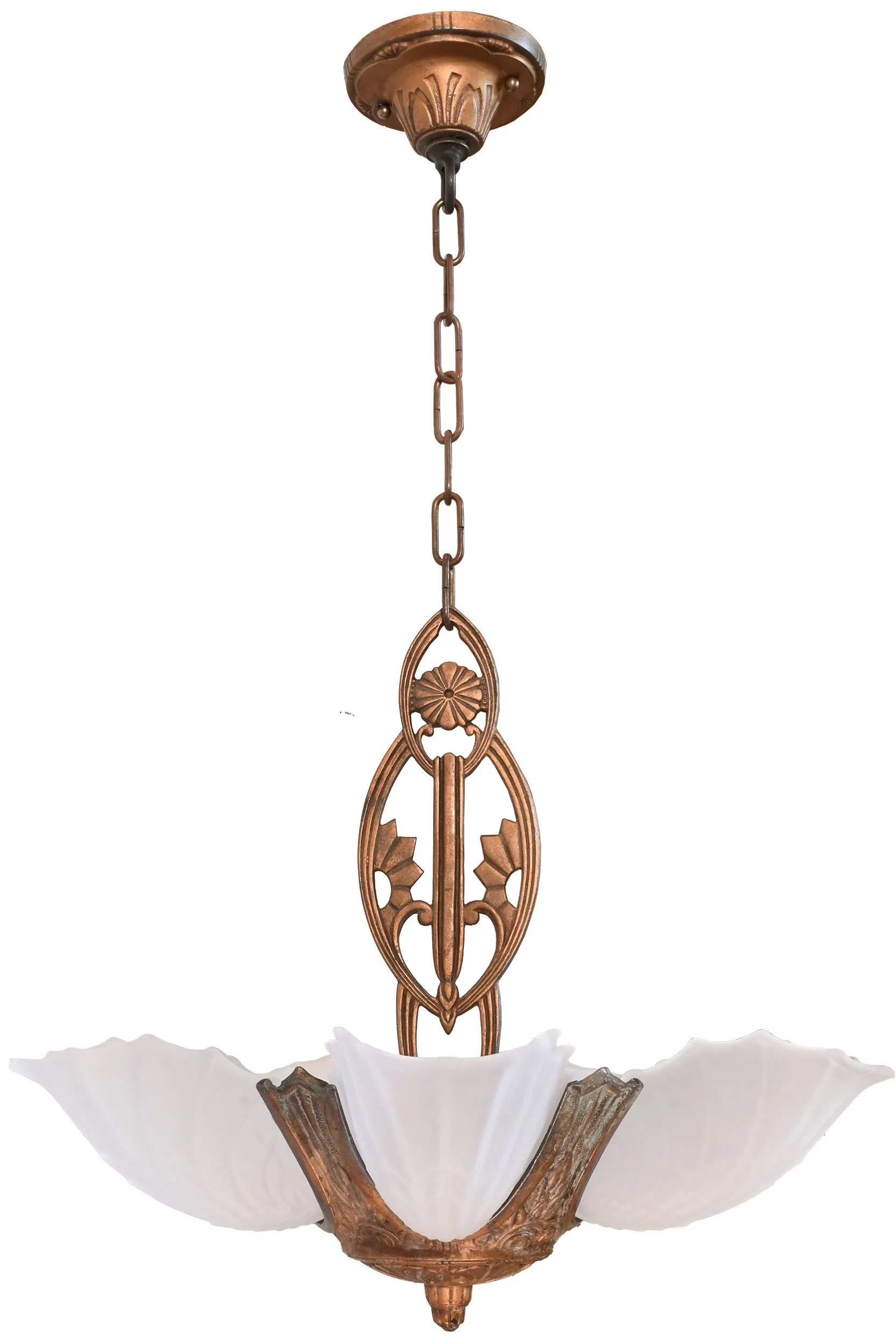 deco bronze finish five frosted slip shade chandelier by electrolier