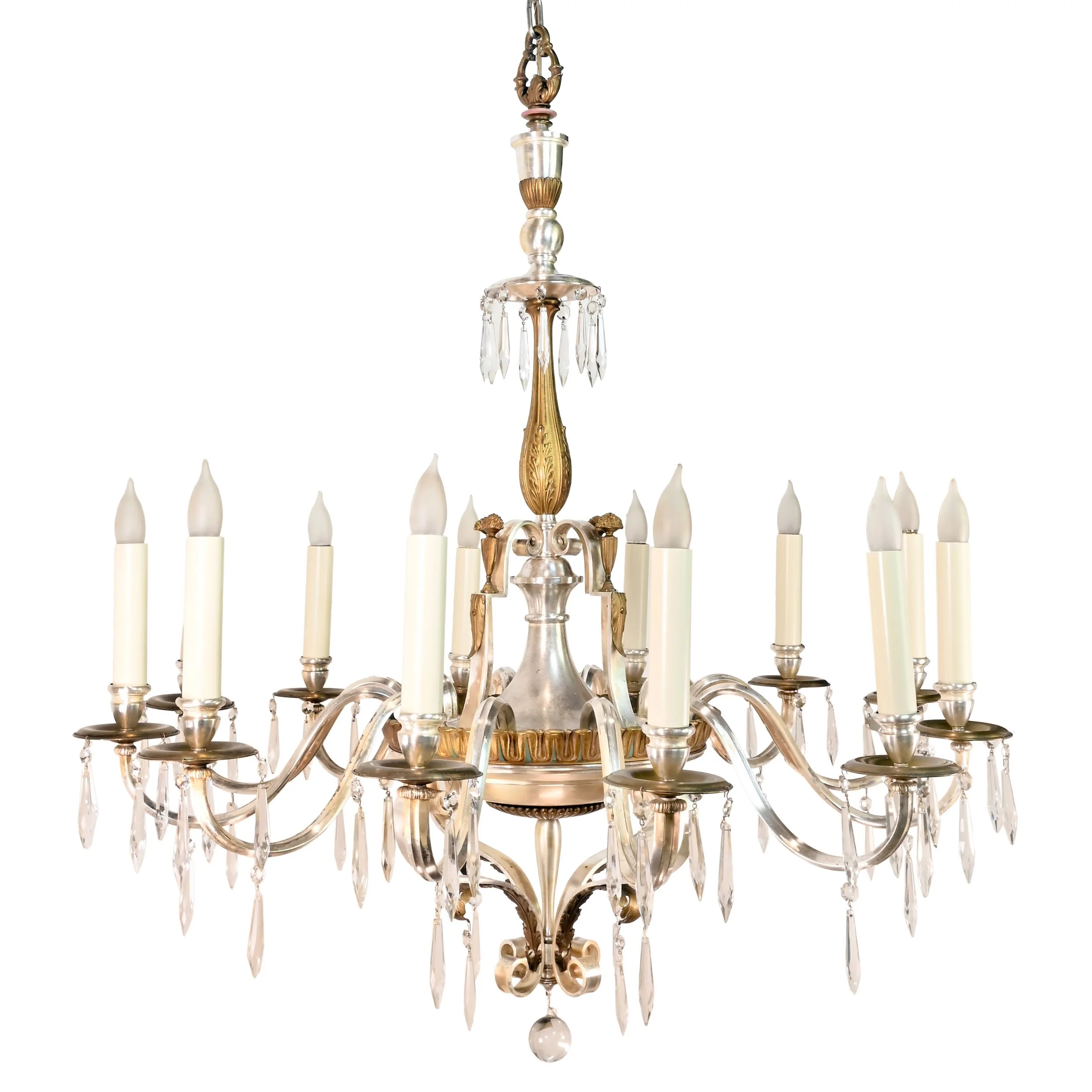 twelve candle silver and brass chandelier with crystals