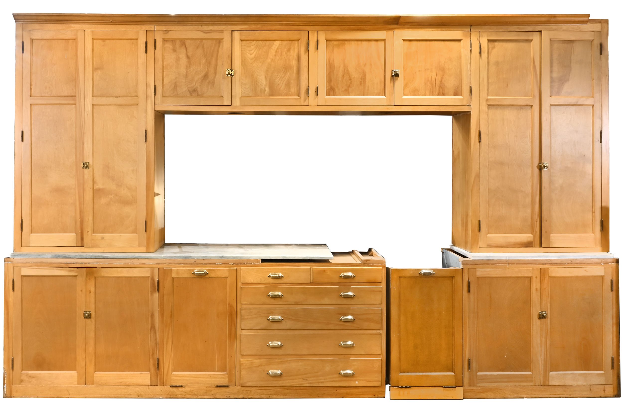 12 foot light birch kitchen cabinet unit with two flour bins and additional floating cabinet