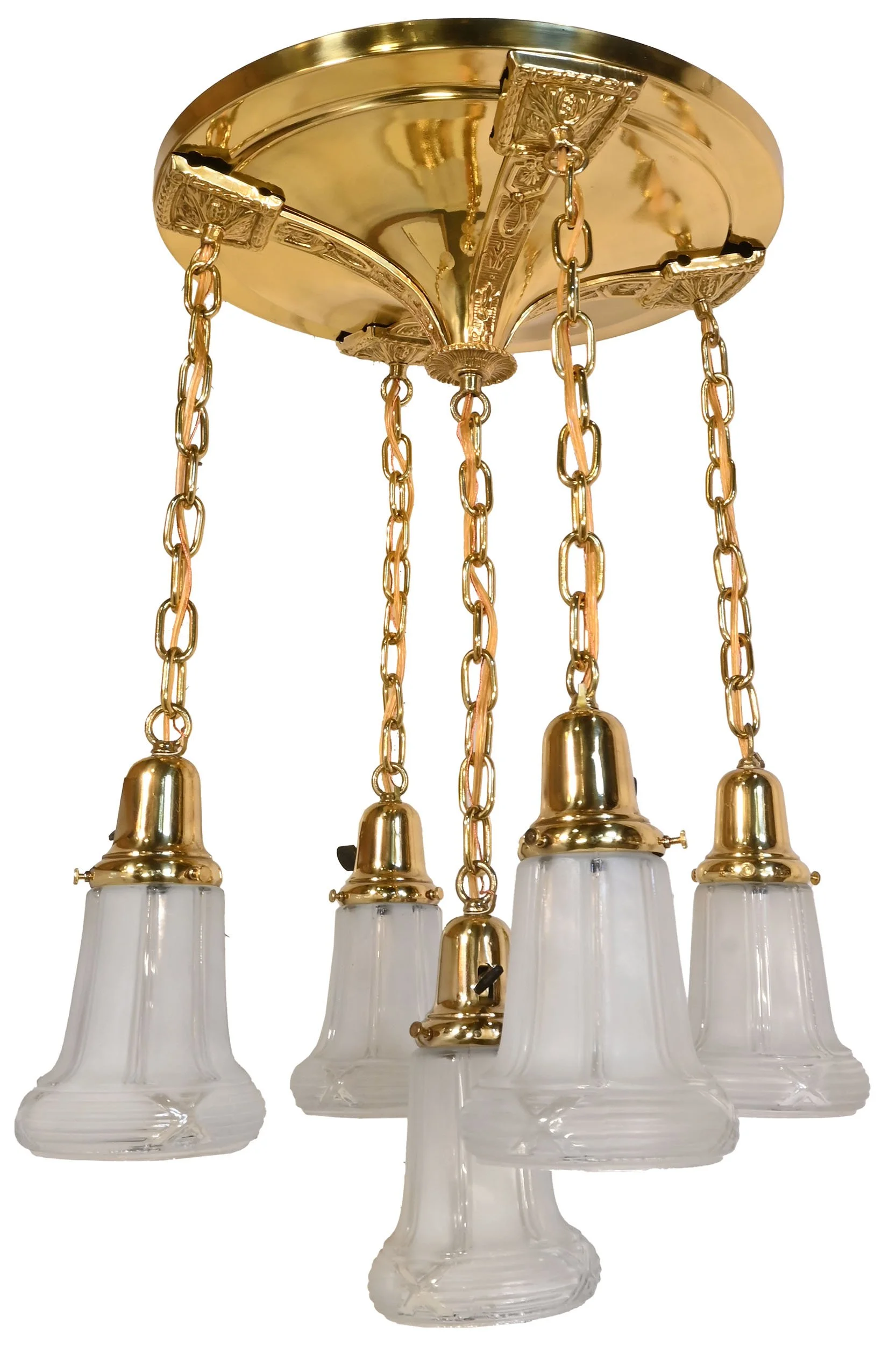 27937 polished stamped brass five shade pan fixture with frosted and clear shades 2.jpg