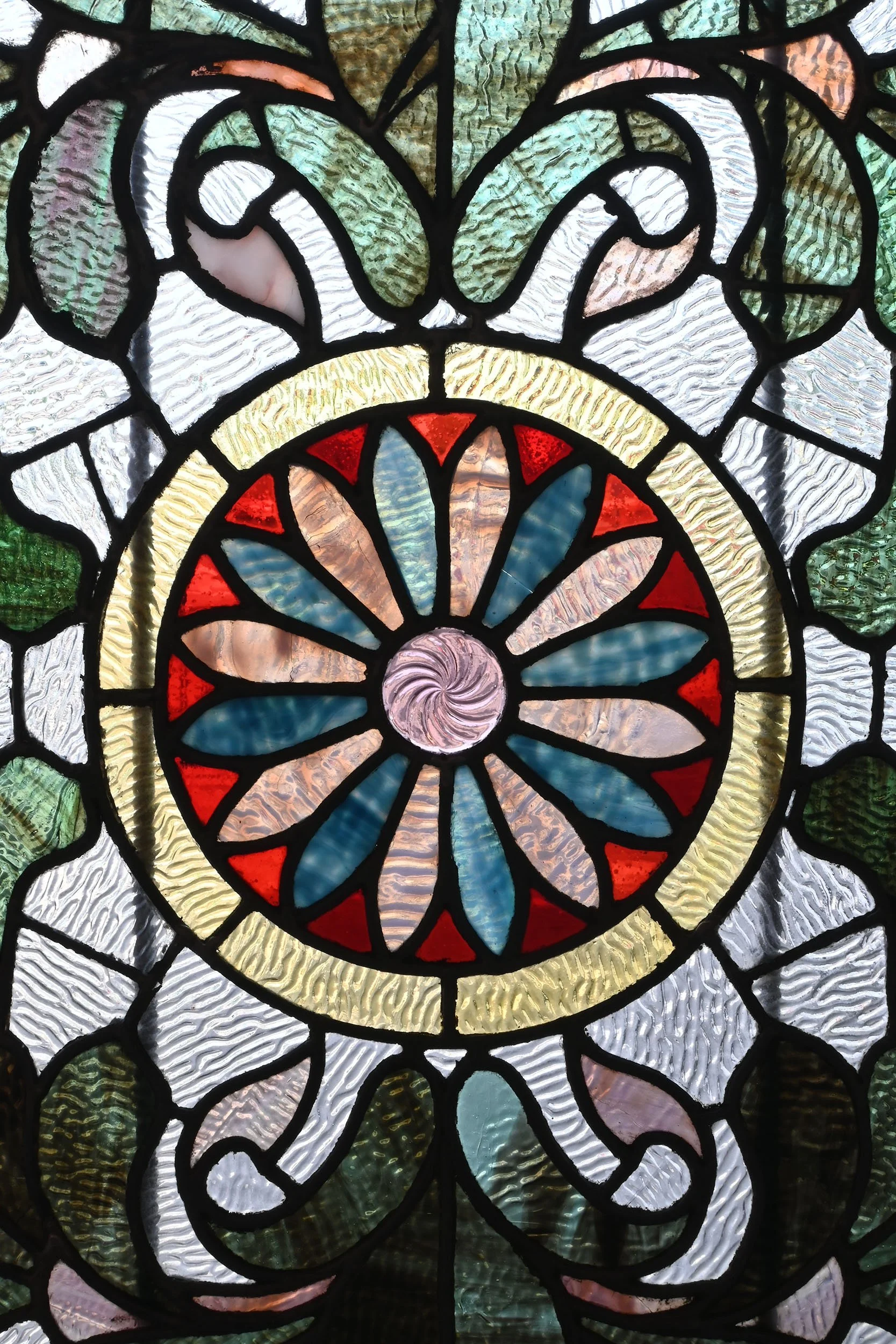 27797 intricate square leaded window with green slag leaves and blue and purple flower 4.jpg