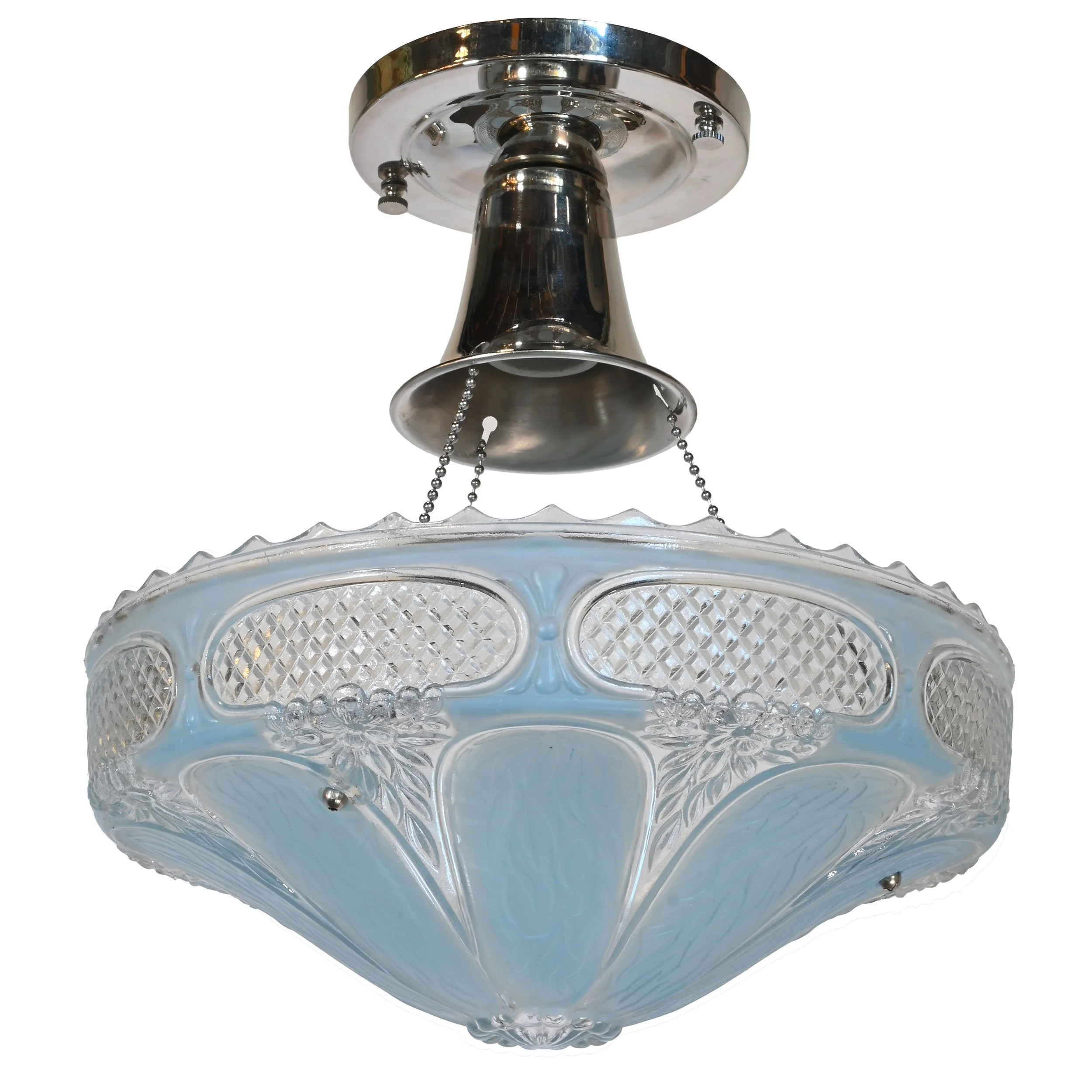 27563 cast glass clear and blue shade on nickel three chain fixture 2.jpg