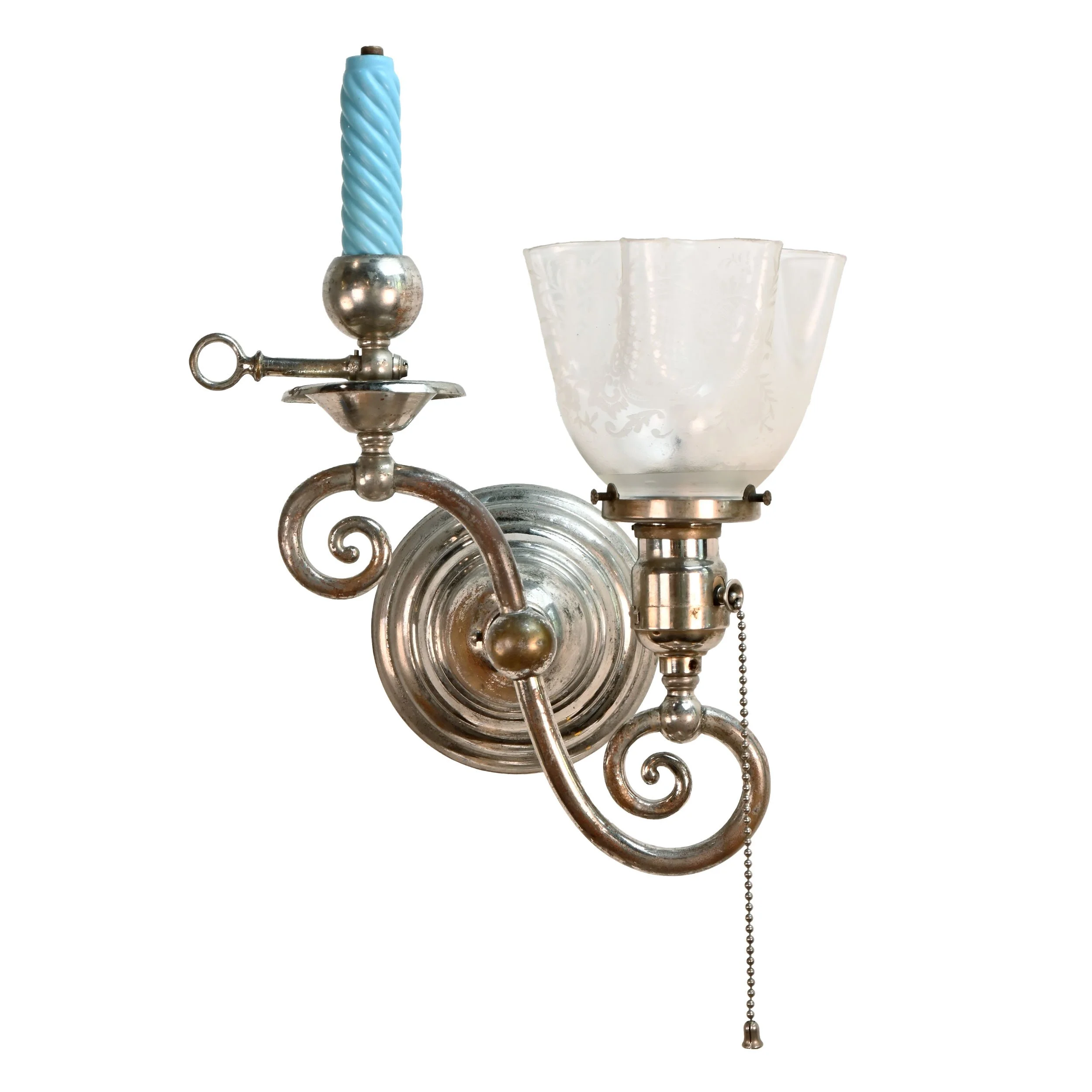 pair of nickel plated gas electric sconces with pleated shades