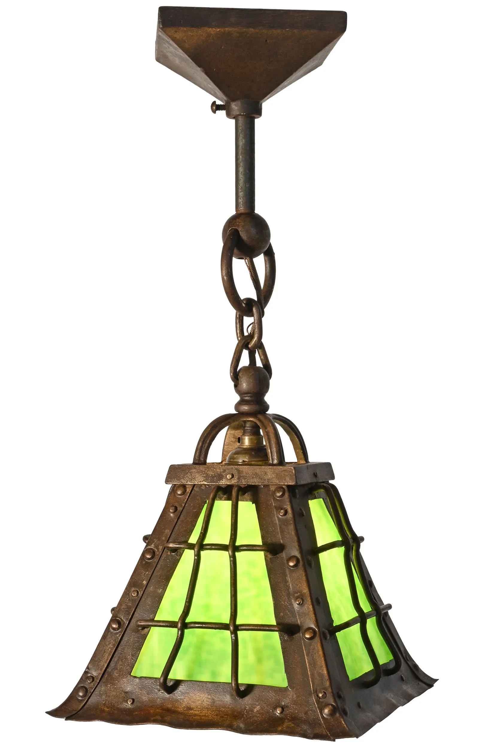 27183 brass over iron lantern pendant with green slag glass 4.jpg