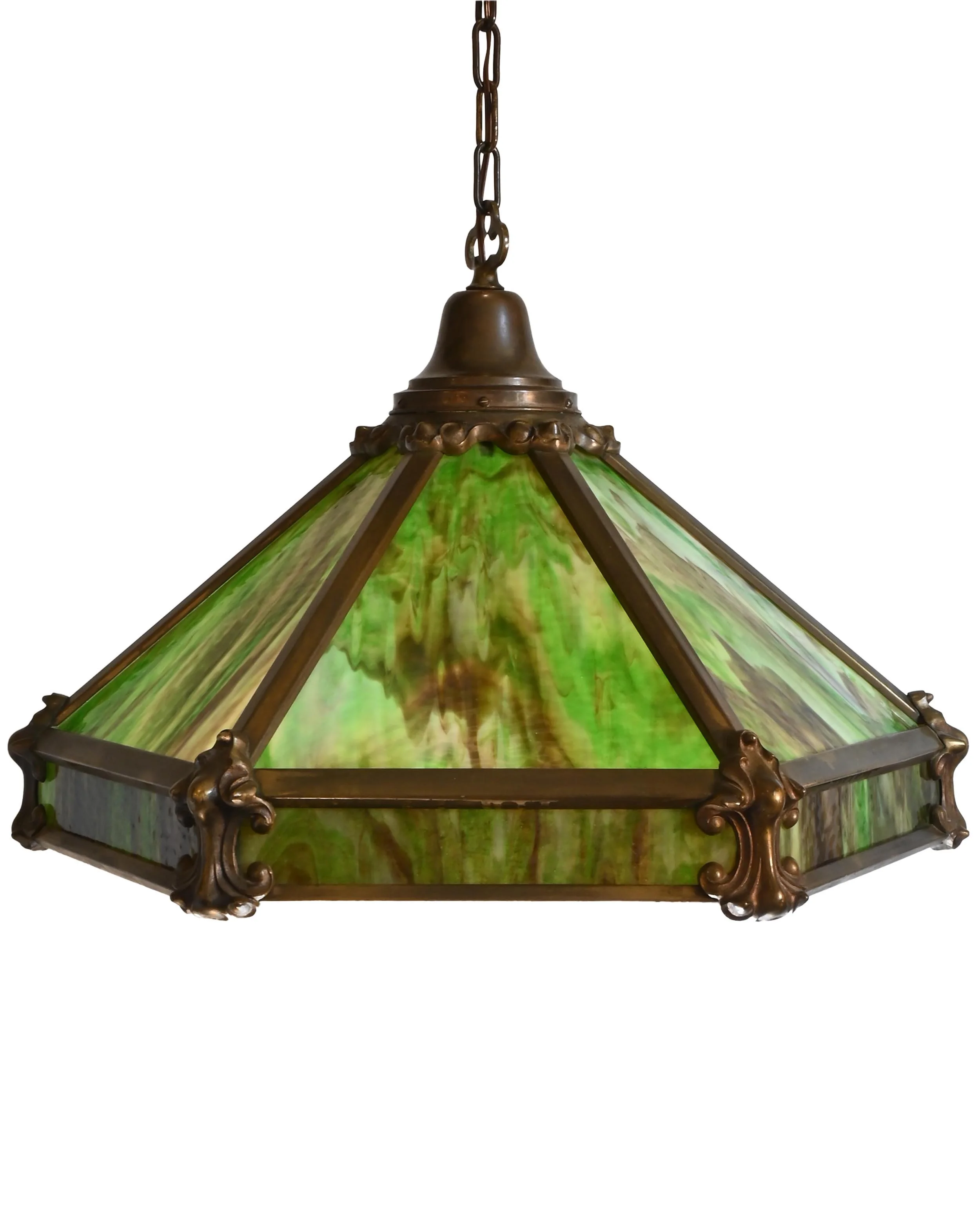 27466 green slag glass brass art nouveau fixture 3.jpg