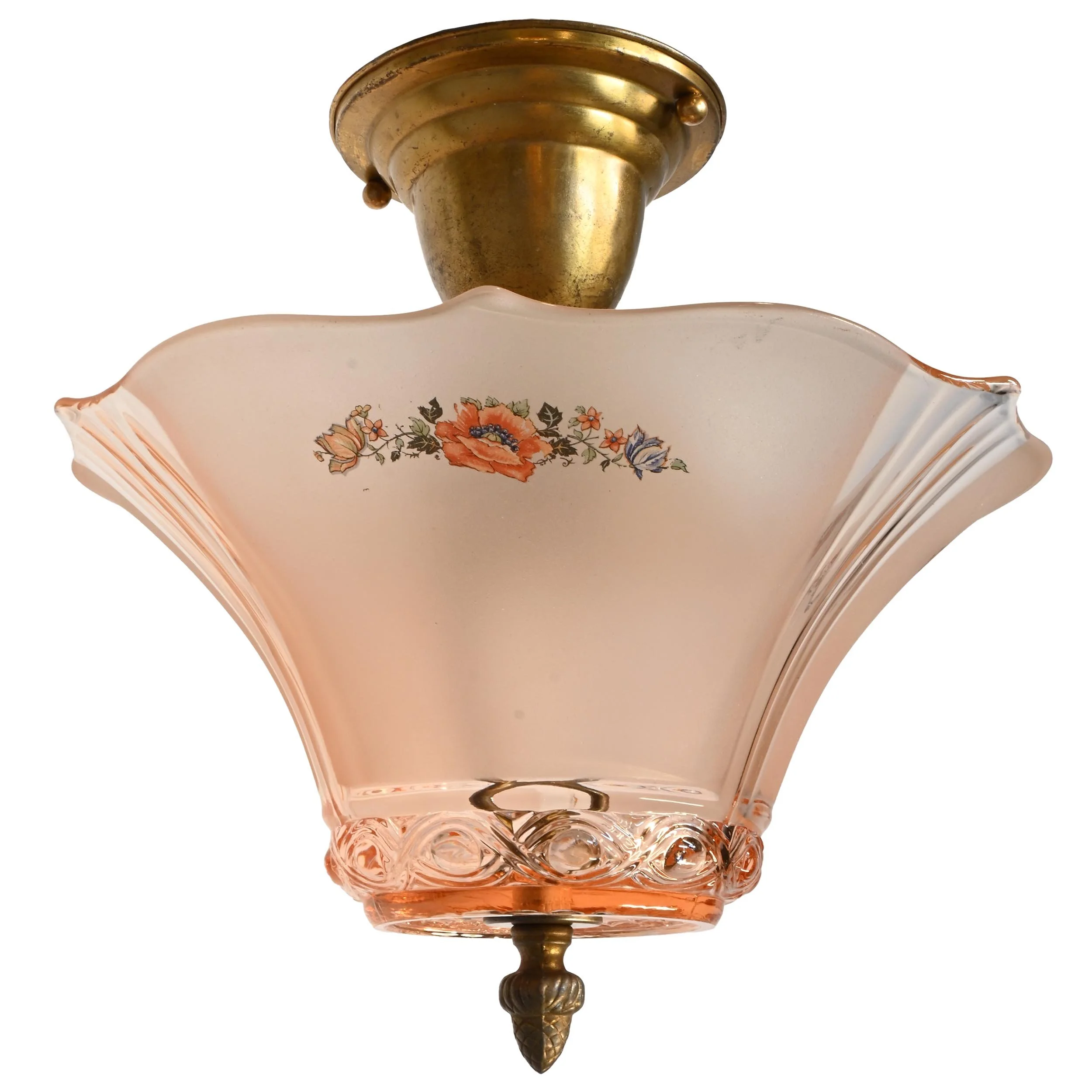 single post 2 bulb ceiling hugger with molded apricot glass shade center flower