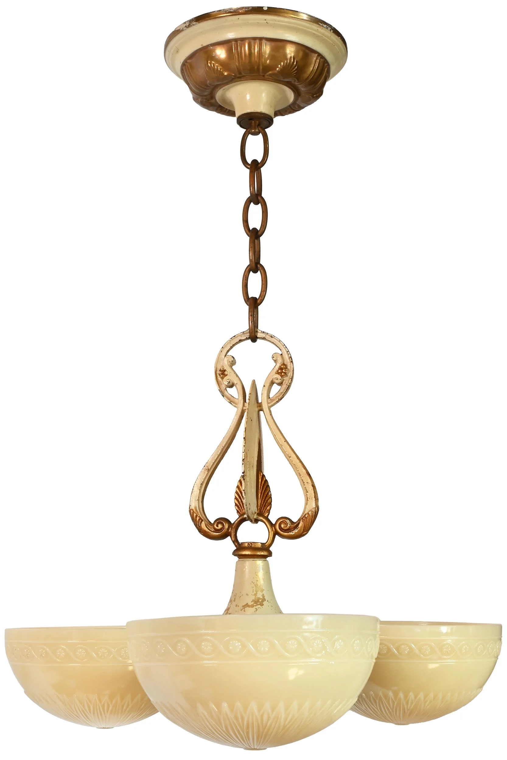 deco cream and gold painted chandelier with three molded custard glass shades