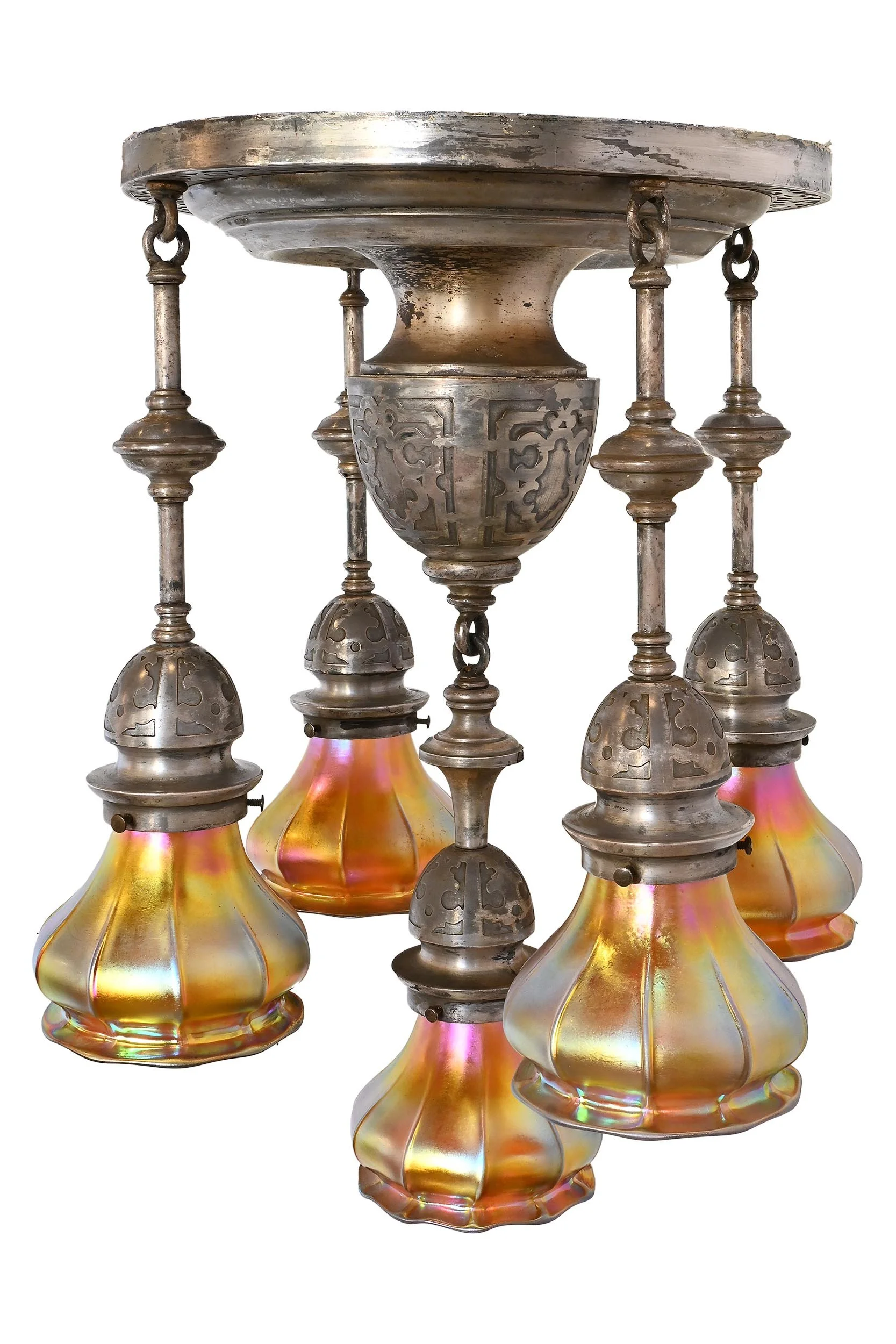 silver hand embossed chandelier with aurene american art glass shades "stueben" *