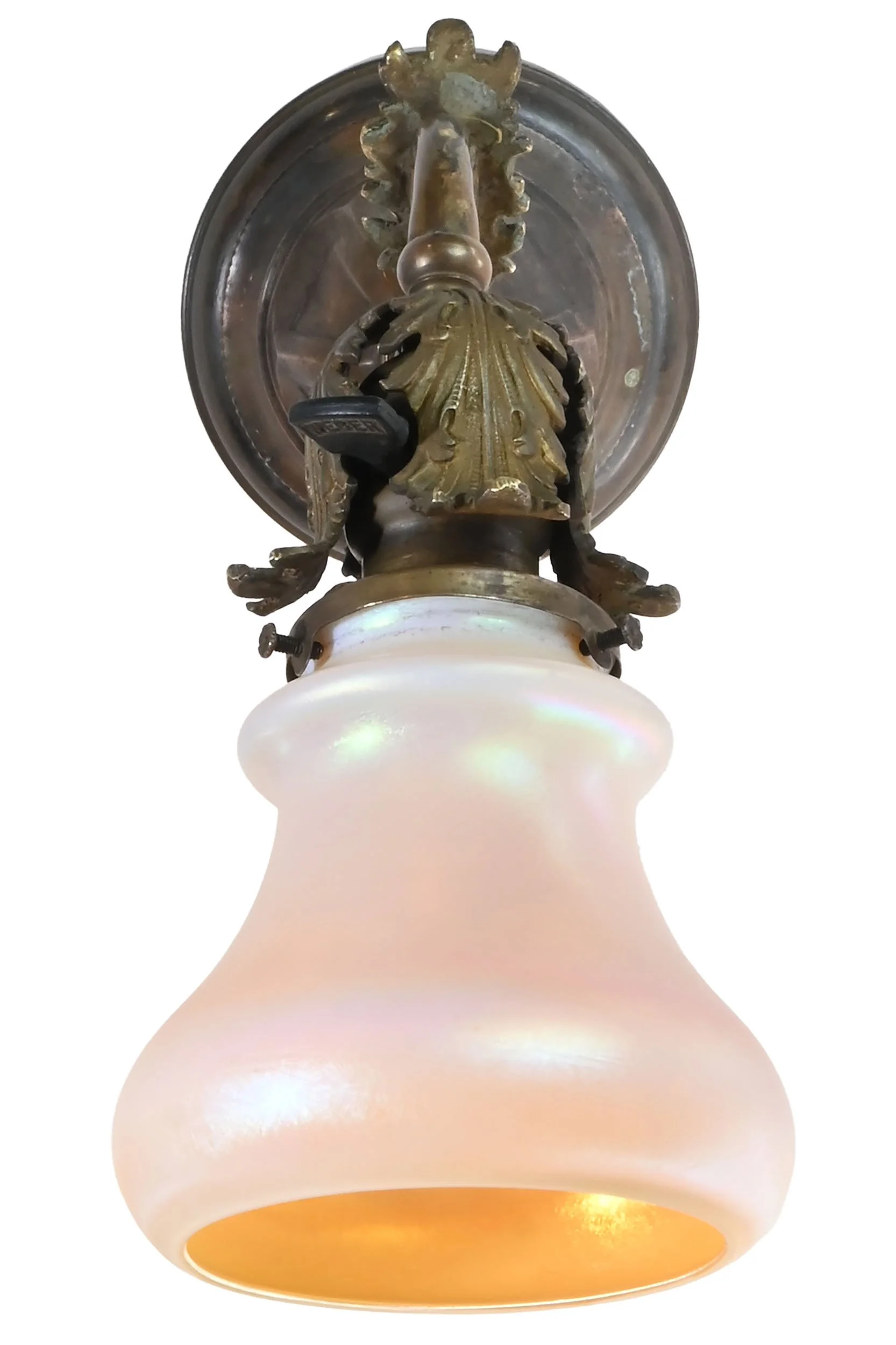 27898 pair of leafy brass sconces with calcite and aurene quezal shades 1.jpg
