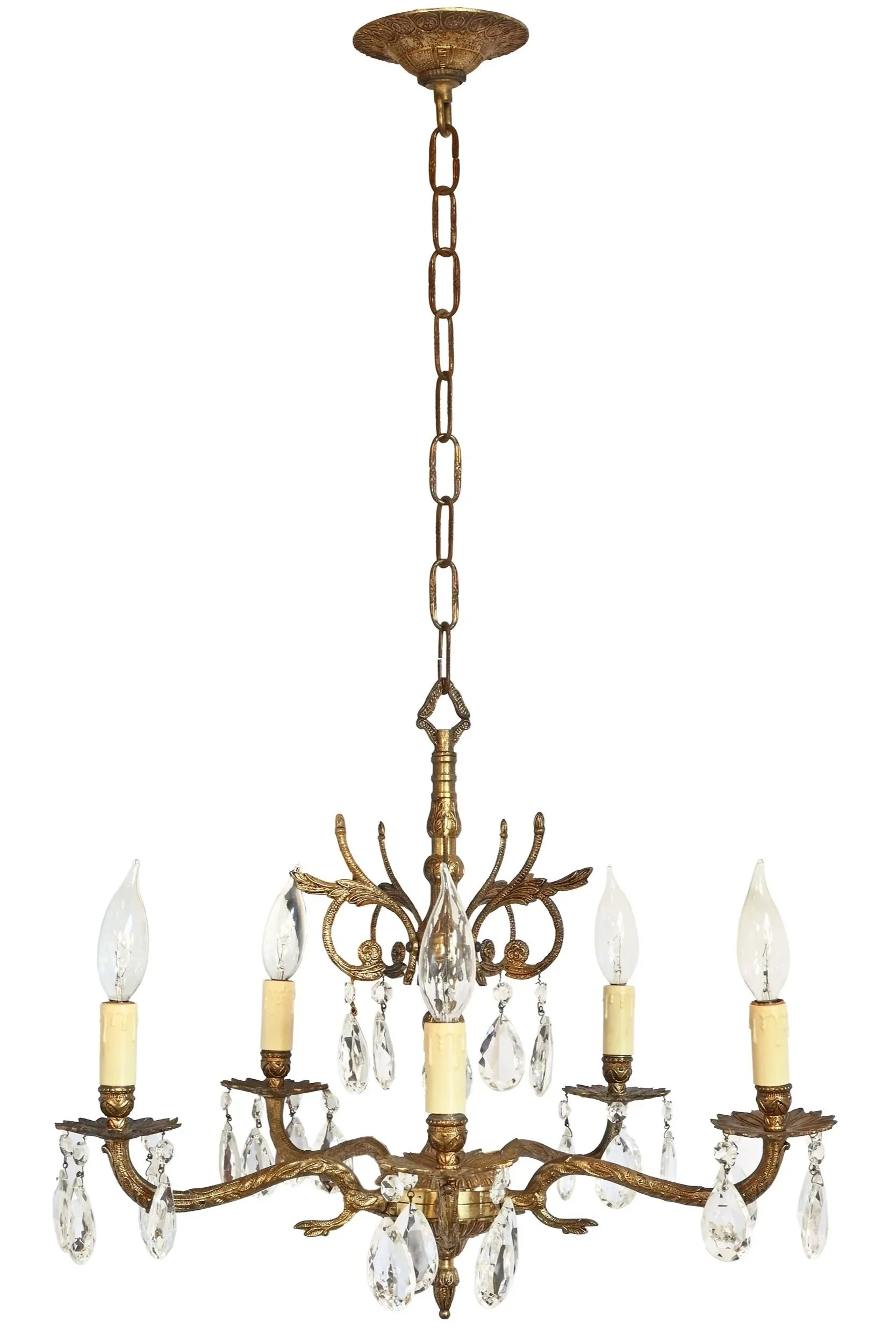 27617+5+candle+spanish+brass+chandelier+with+feathery+details+and+teardrop+crystals+1.jpg