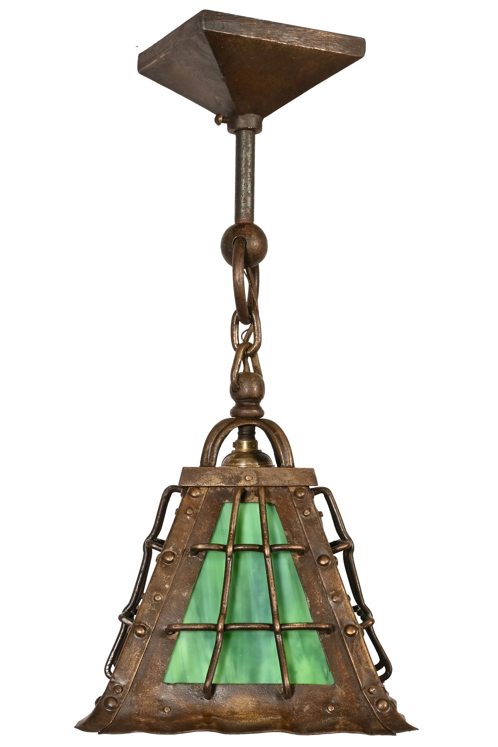 27183 brass over iron lantern pendant with green slag glass 1.jpg