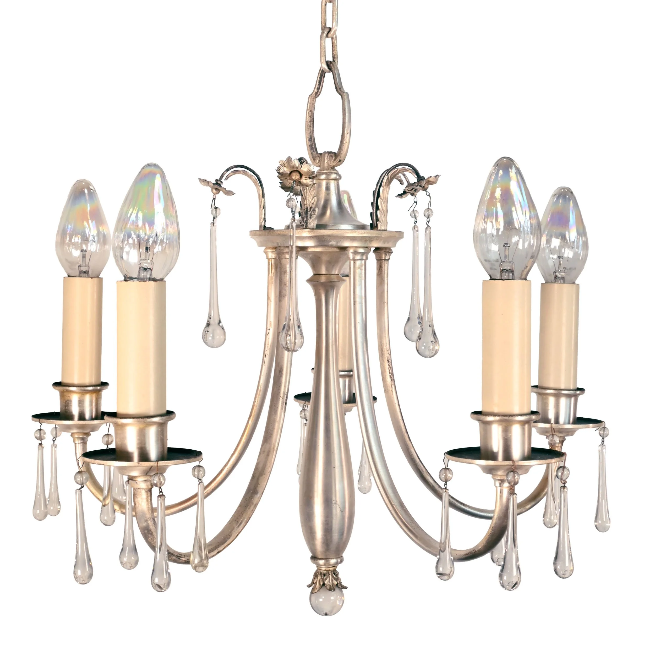 silver federal five candle chandelier with flowers and teardrop crystals