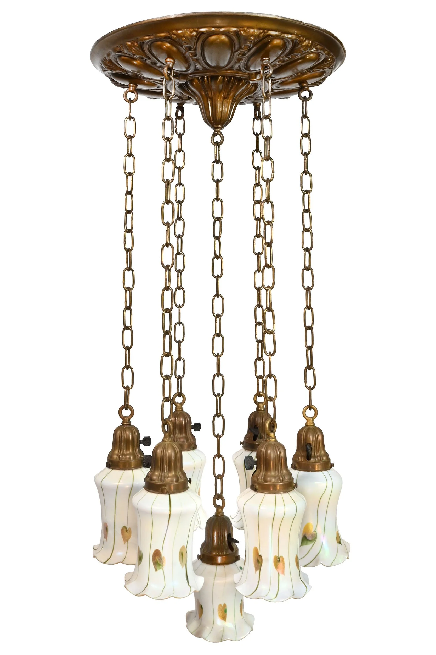 27345 brass pan chandelier with seven calcite green and gold pulled leaf art glass shades 1.jpg