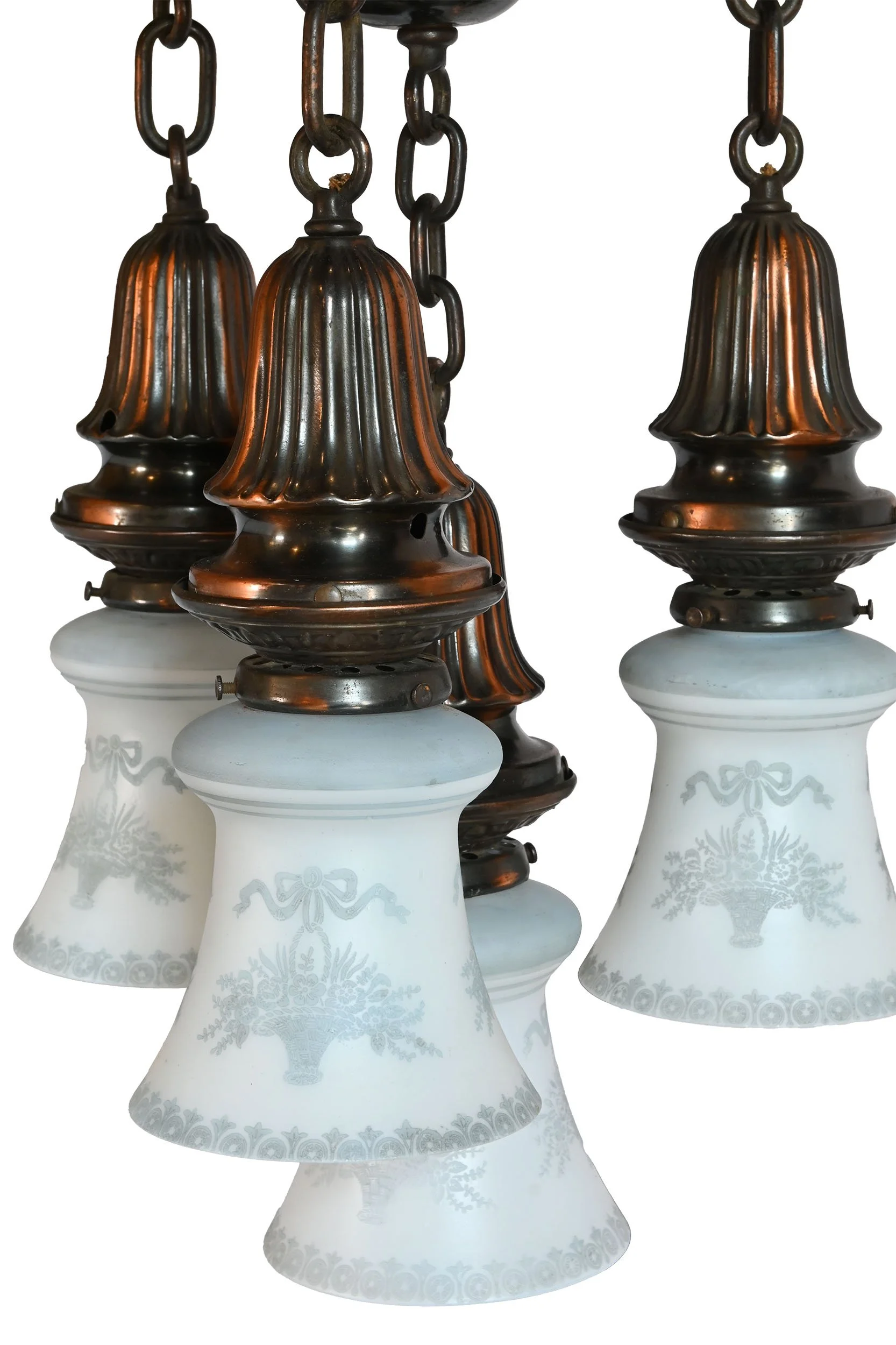 27781 gilt satin flush pan chandeleier with four blue and white etched painted flower basket shades 3.jpg