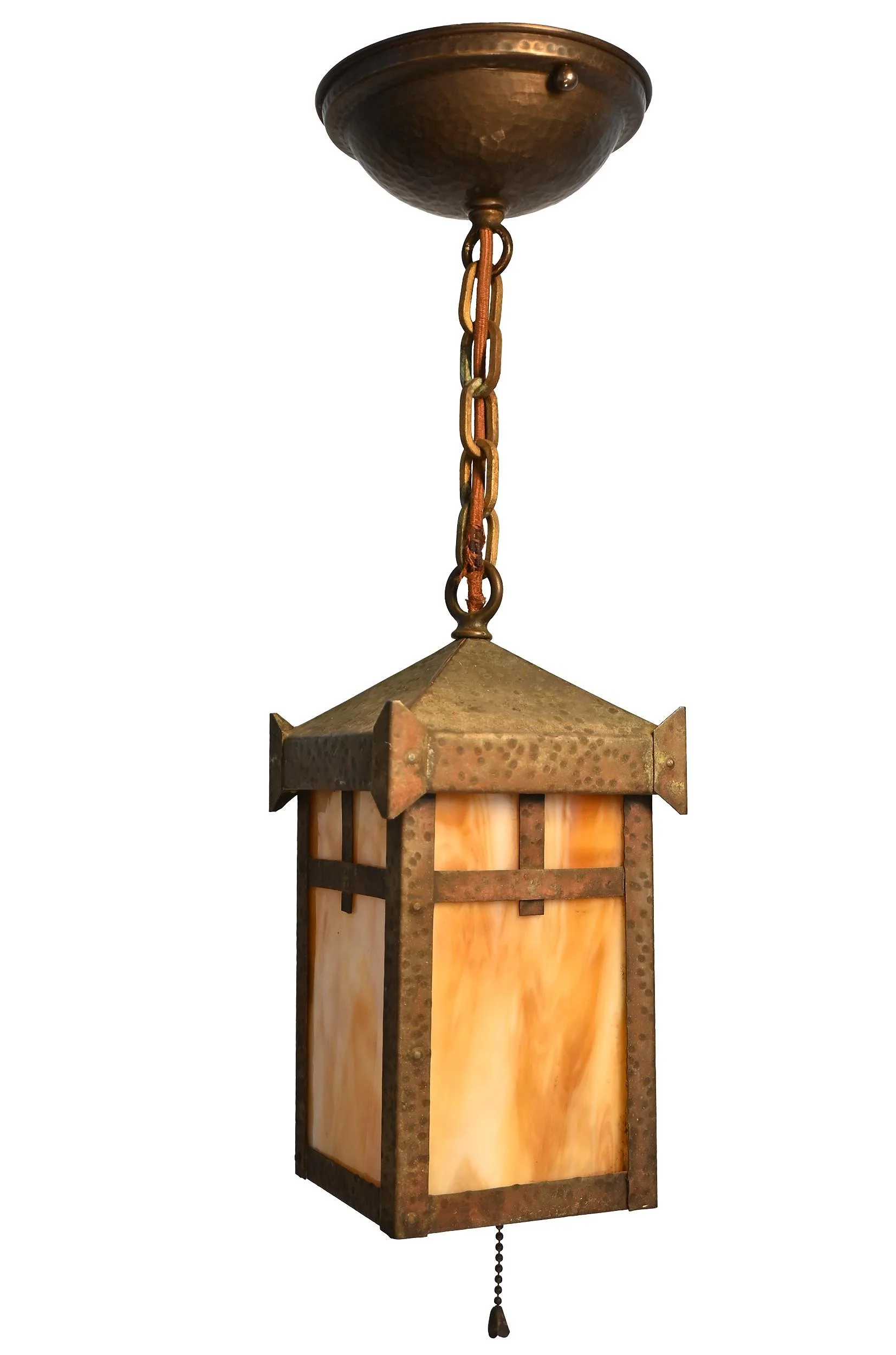 hammered arts & crafts caramel slag glass pendant