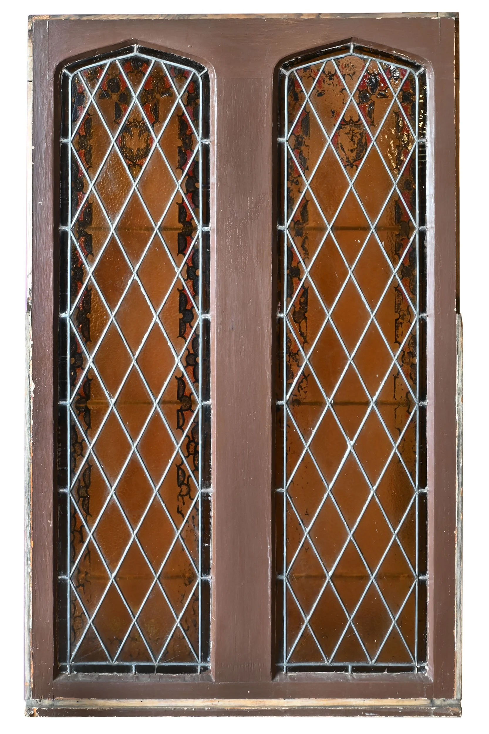 gothic double arched lattice-leaded window with painted details